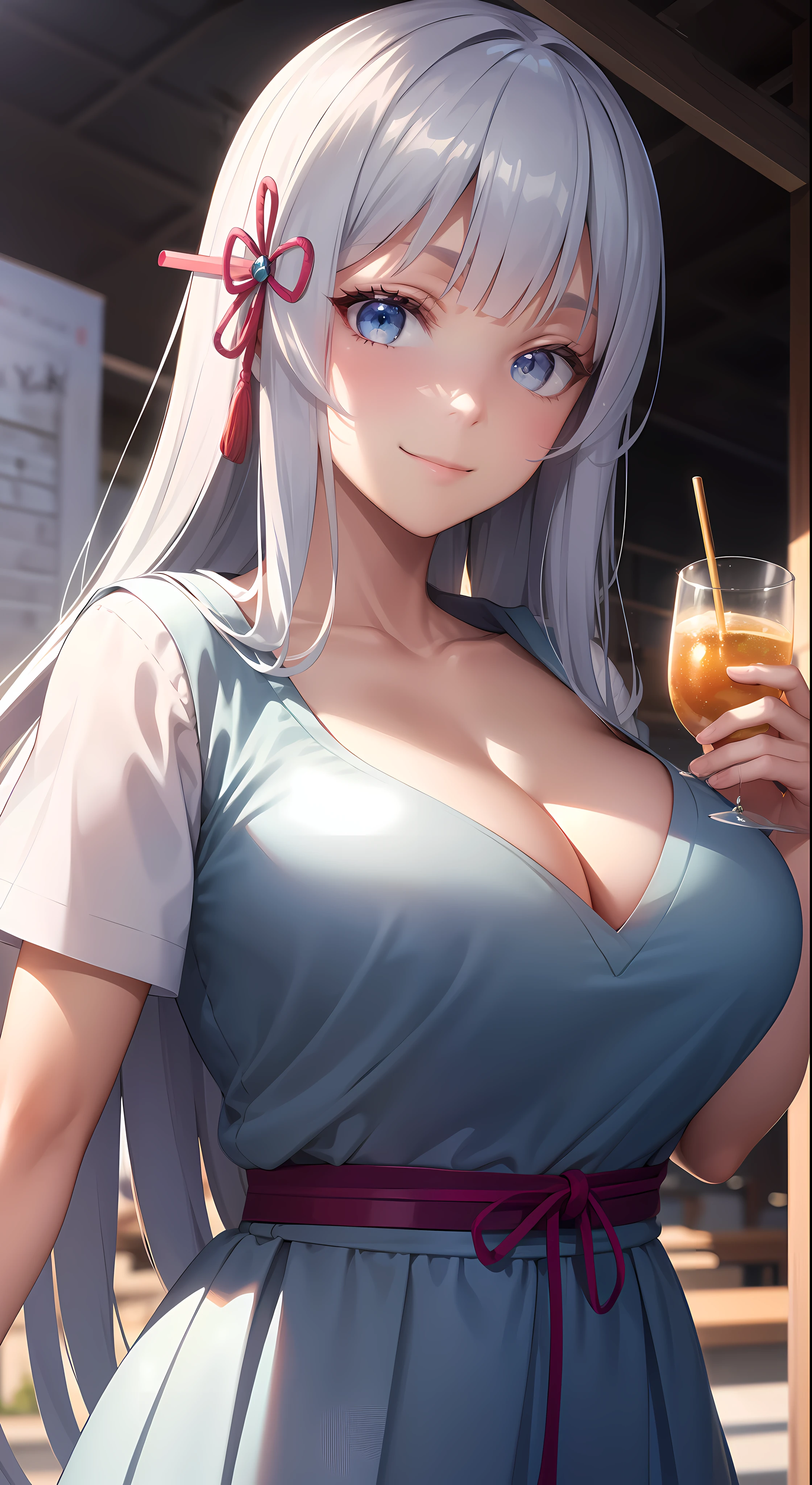 hair ornament, very long hair, japanese clothes, professional artwork, Intricate Details, field of view, sharp focus, detailed painting, photorealistic lighting, trending on pixiv, Standing at attention, ((school girl, summer school outfit)), ((large breasts:1,3)), Beautiful body,Beautiful Nose,Beautiful character design, perfect eyes, perfect face, looking at viewer, SFW,official art,extremely detailed CG unity 8k wallpaper, perfect lighting,Colorful, Bright_Front_face_Lighting, (masterpiece:1.0),(best_quality:1.0), ultra high res,4K,ultra-detailed, photography, 8K, HDR, highres, absurdres:1.2, Kodak portra 400, film grain, blurry background, bokeh:1.2, lens flare, (vibrant_color:1.2), shikkoku_yorihime, (happy smile, cheers), ((looking at viewer, front body pose))