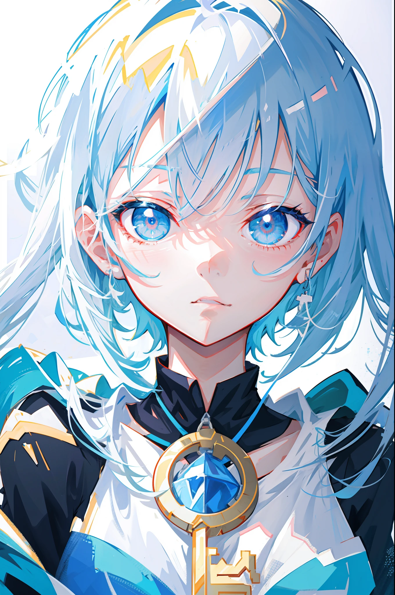 Anime girl with long white hair and blue eyes holding a knife, Digital anime illustration, Detailed digital anime art, Digital anime art, Detailed key anime art, anime styled digital art, Digital art on Pixiv, Portrait Chevaliers du Zodiaque Fille, style of anime4 K, portrait anime space cadet girl, white cyan, azureblueeyes, an anime portrait of cirno,Anime girl with blue eyes and a golden key around her neck