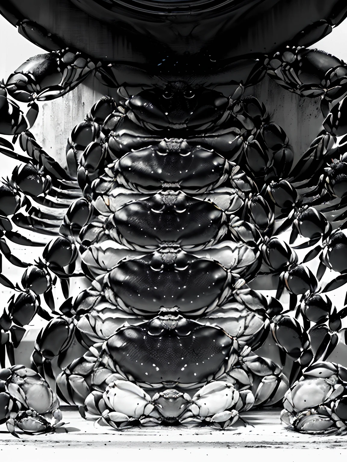 ((top-quality, 8K, ​masterpiece, wall-paper, ultra-detailliert:1.4)), (Photorealsitic, Raw photography, Top image quality:1.5), ((Monochrome Art:1.4)), Artistic design, (((1 black and white crab:1.8))), A hyper-realistic, raw, realistic shadow, huge filesize, Fantasia [hight resolution], Cool design, (((a closeup:1.2))), ((No humans:1.5))