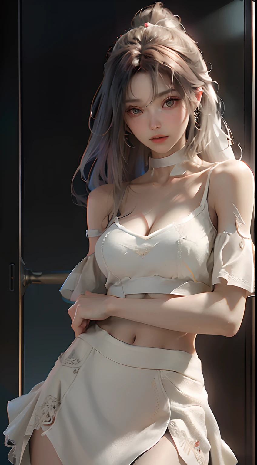 (Best Quality), ((Masterpiece), (Detail: 1.4), 3D, A Beautiful Cyberpunk Woman, HDR (High Dynamic Range), Ray Tracing, NVIDIA RTX, Super-Resolution, Unreal 5, Subsurface Scattering, PBR Textures, Post-Processing, Anisotropic Filtering, Depth of Field, Maximum Sharpness and Clarity, Multi-layer Textures, Albedo and Highlight Maps, Surface Shading, Precise simulation of light-material interactions, perfect proportions, Octane Render, two-color light, large aperture, low ISO, white balance, rule of thirds, 8K RAW, nudity, off-the-shoulder, camisole vest, miniskirt, sheer wear, open waist, miniskirt //, very short
