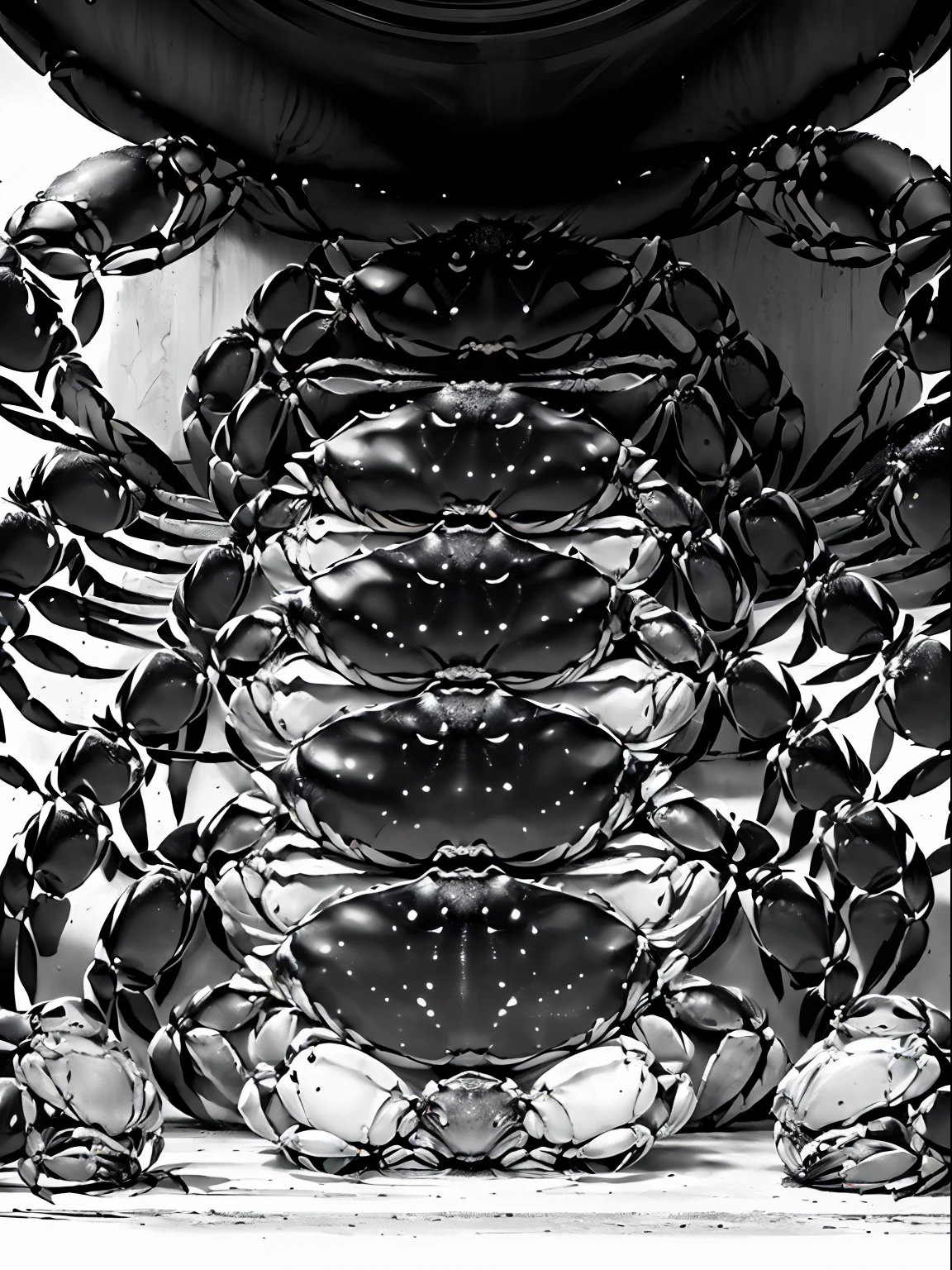 ((top-quality, 8K, ​masterpiece, wall-paper, ultra-detailliert:1.4)), (Photorealsitic, Raw photography, Top image quality:1.5), ((Monochrome Art:1.4)), Artistic design, (((1 black and white crab:1.8))), A hyper-realistic, raw, realistic shadow, huge filesize, Fantasia [hight resolution], Cool design, (((a closeup:1.2))), ((No humans:1.5))