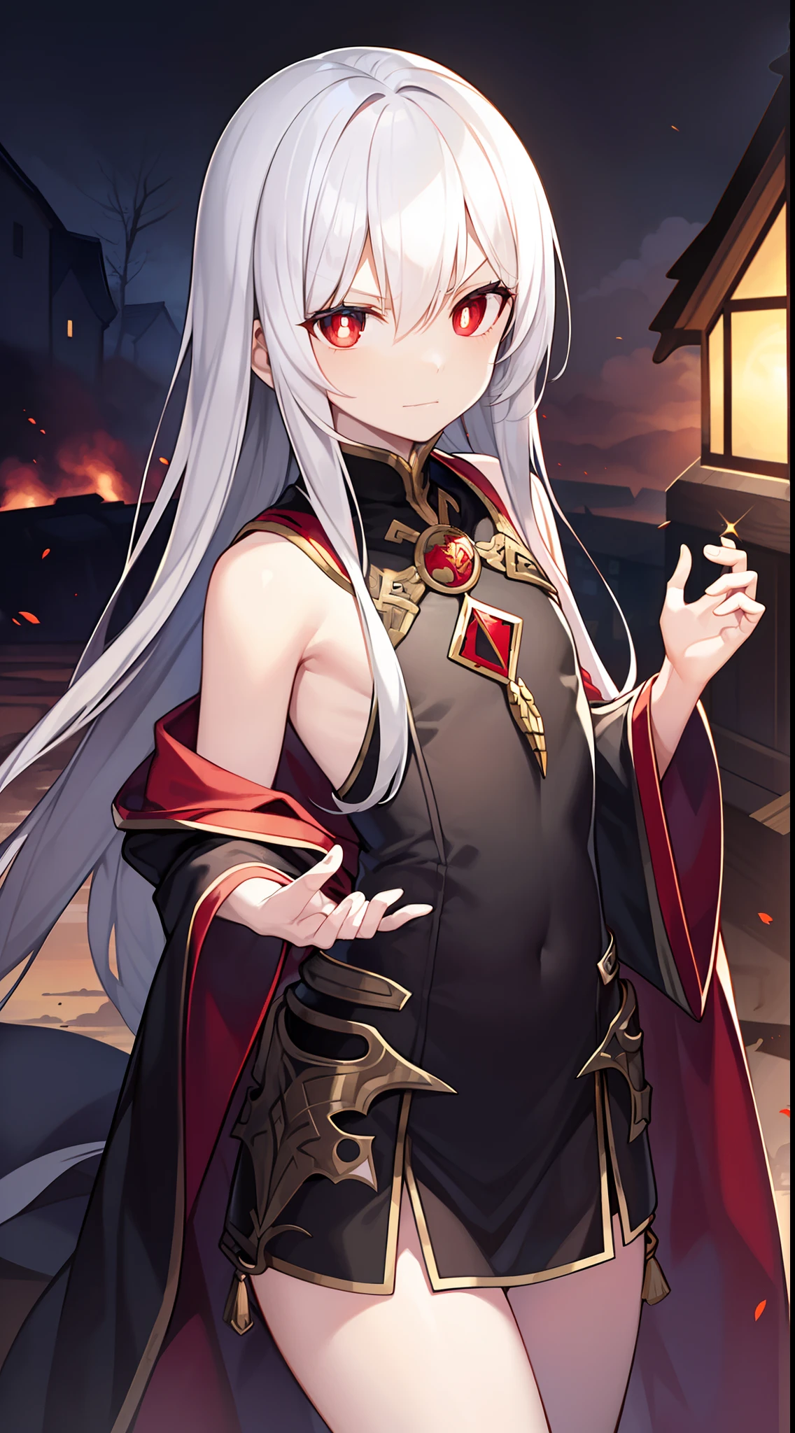 (Beautiful wallpapers) ，(evil theme)，long  white hair，red pupils，Loose black robes and armor，Dominate the disaster，Handsome，Flat chest，Close up，Red Storm，(A world shrouded in darkness)，(Village background)，The decline of the world，(Physical discomfort)