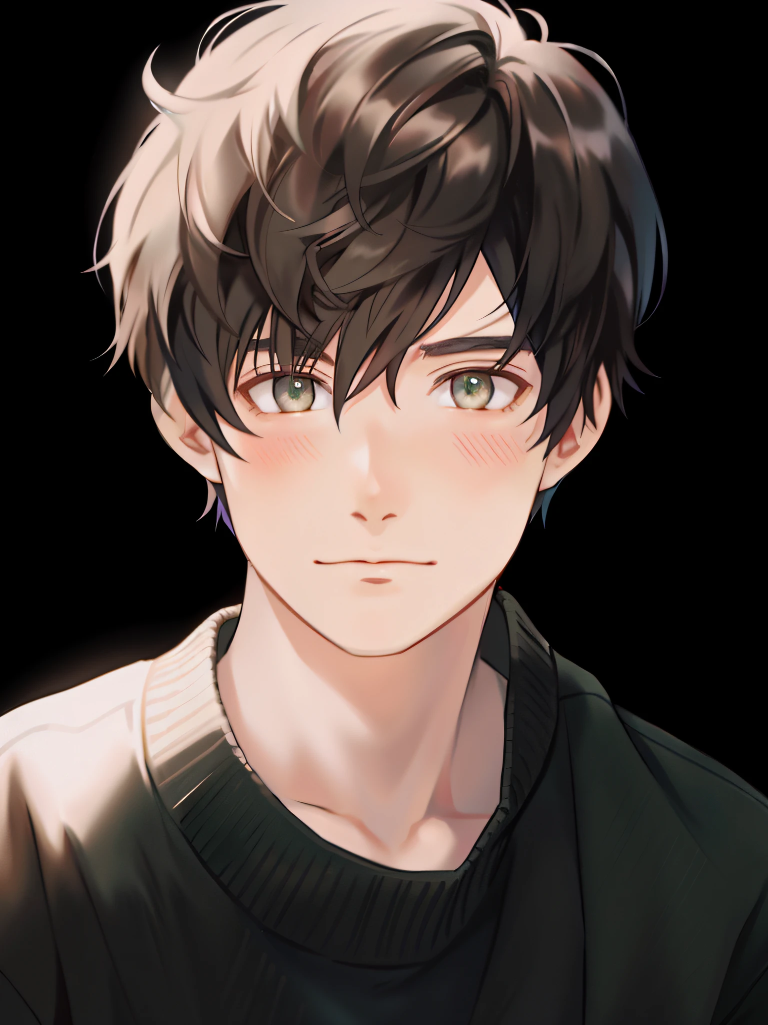 Chagrined, anime boy with black hair and green eyes staring at camera, cute realistic portrait, semi-realistic anime, detailed anime soft face made by anime painter studio, anime portrait of handsome man, realistic anime art style, smooth anime CG art, high detail face anime, semi-realistic anime, semi-realistic anime style, Anime style portrait, tall anime man with blue eyes