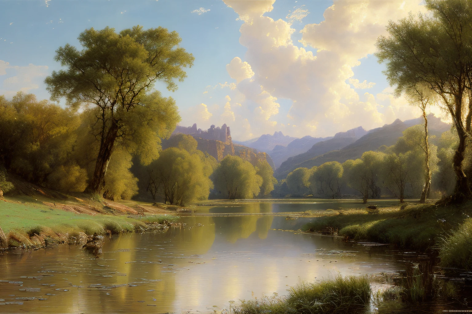 paysage , (Highly detailed CG Unit 8k wallpaper), The most beautiful work of art in the world, Professional majestic oil painting, complexe, High detail, mise au point nette, dramatique, Art of photorealist painting, Alma Tadema