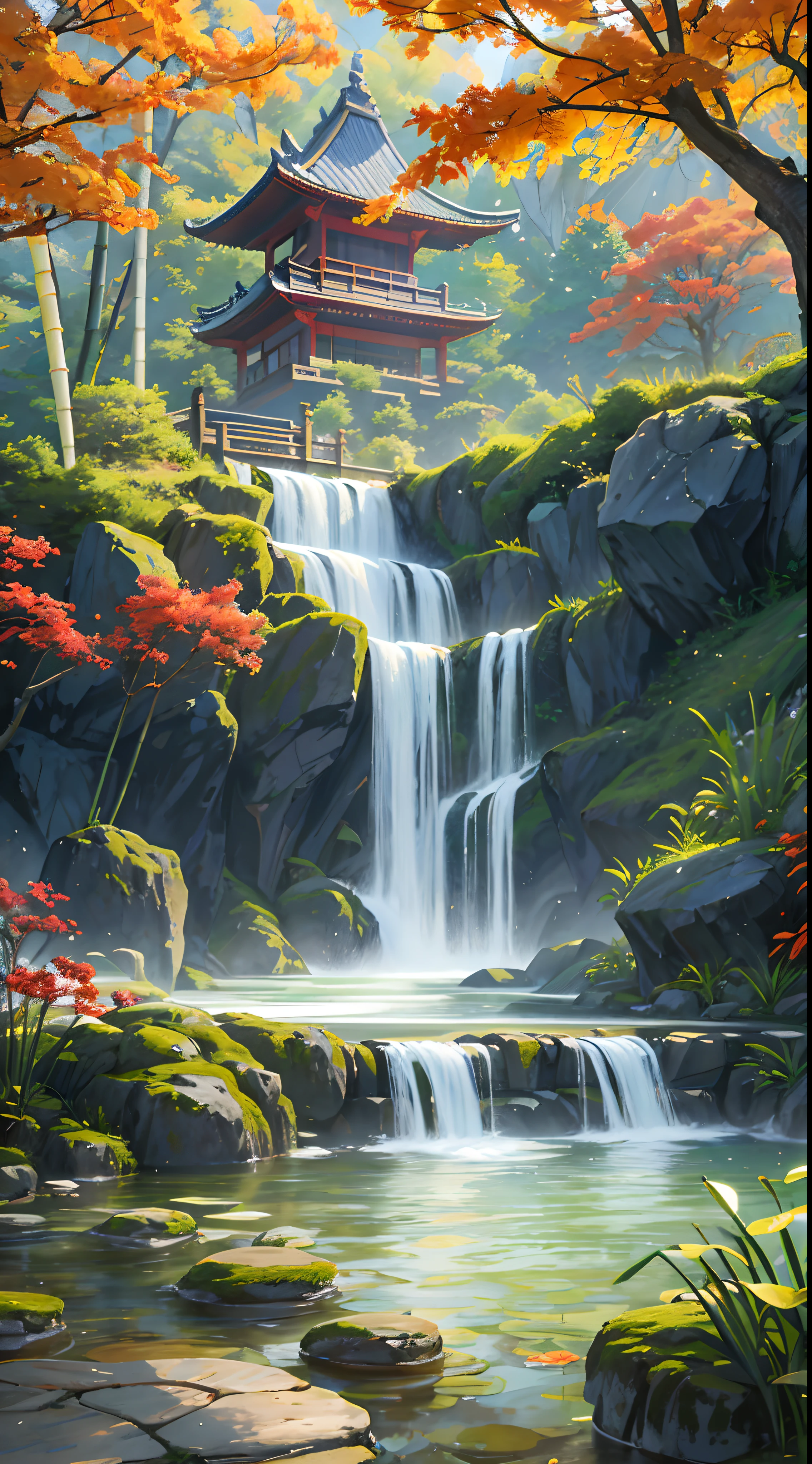 Ancient Chinese architecture, autumn, bamboo, lake, stone bridge, rockery, arch, corner, tree, tap water, landscape, waterfall, meadow, rock, water lily, hot springs, water vapor, (illustration: 1.0), epic composition, realistic lighting, high-definition detail, masterpiece, best quality, (very detailed CG unified 8k wallpaper)
