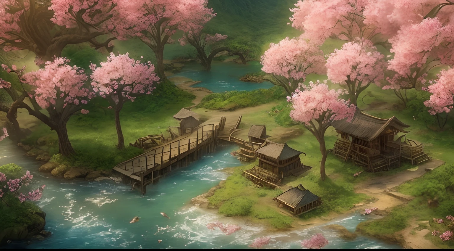 awardwinning, concept-art, fine art, epic fantasy digital art, bird's eyes view，Cinematic lighting,Downward view，super wide shot，Viewing angle from afar，depth of fields，The beauty of an idyllic country fairy tale，((waterfallr))，Quaint, Picturesque, Rustic,  ((lawns;1.7)), ((Peach blossom tree:1.3)), ((Small rivers:1.4)),  ((The tree house is connected to the tree house by a wooden bridge)), Epic, ((Cinematic lighting)), High quality, High contrast, Realistic lighting,4K textures, photolab, hdr, ((iintricate)), elegant, Highly detailed, Sharp focus, insanely details, Intricate details, ultra - detailed, Harsh movie light, Outdoor atmosphere,tmasterpiece，best qualtiy，（Very detailed CG unity 8K wallpaper），（best qualtiy），（Most Best Illustration），（Best shadow），Natural elements in idyllic rural theme。Mysterious idyllic countryside，Beautiful idyllic countryside，naturey，surrounded by flower，nature elements），（Idyllic country theme），,3D，  Ray traching，A secluded utopia。A clear stream winds through a valley of blooming peachtrees。Tree house in the woods，Villagers wear traditional clothing，Live a peaceful life。in the background，The misty mountains are a barrier to the outside world。The sunrise depicts the serene scene in gold and pink tones。This scene exudes an air of tranquility，Depicting the harmony between man and nature。