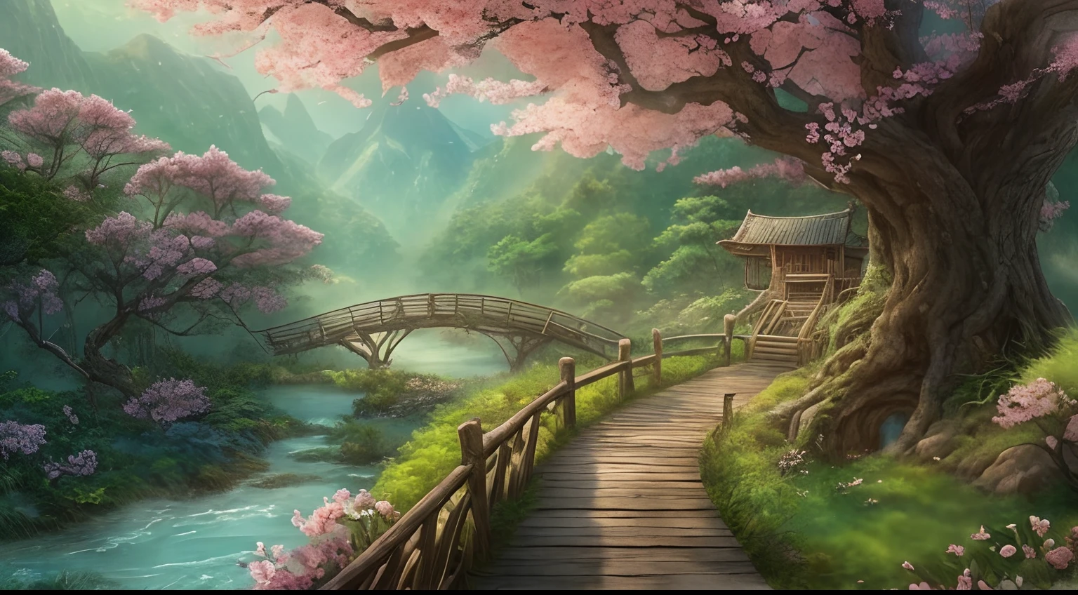 awardwinning, concept-art, fine art, epic fantasy digital art, bird's eyes view，Cinematic lighting,Downward view，super wide shot，Viewing angle from afar，depth of fields，The beauty of an idyllic country fairy tale，((waterfallr))，Quaint, Picturesque, Rustic,  ((lawns;1.7)), ((Peach blossom tree:1.3)), ((Small rivers:1.4)),  ((The tree house is connected to the tree house by a wooden bridge)), Epic, ((Cinematic lighting)), High quality, High contrast, Realistic lighting,4K textures, photolab, hdr, ((iintricate)), elegant, Highly detailed, Sharp focus, insanely details, Intricate details, ultra - detailed, Harsh movie light, Outdoor atmosphere,tmasterpiece，best qualtiy，（Very detailed CG unity 8K wallpaper），（best qualtiy），（Most Best Illustration），（Best shadow），Natural elements in idyllic rural theme。Mysterious idyllic countryside，Beautiful idyllic countryside，naturey，surrounded by flower，nature elements），（Idyllic country theme），,3D，  Ray traching，A secluded utopia。A clear stream winds through a valley of blooming peachtrees。Tree house in the woods，Villagers wear traditional clothing，Live a peaceful life。in the background，The misty mountains are a barrier to the outside world。The sunrise depicts the serene scene in gold and pink tones。This scene exudes an air of tranquility，Depicting the harmony between man and nature。