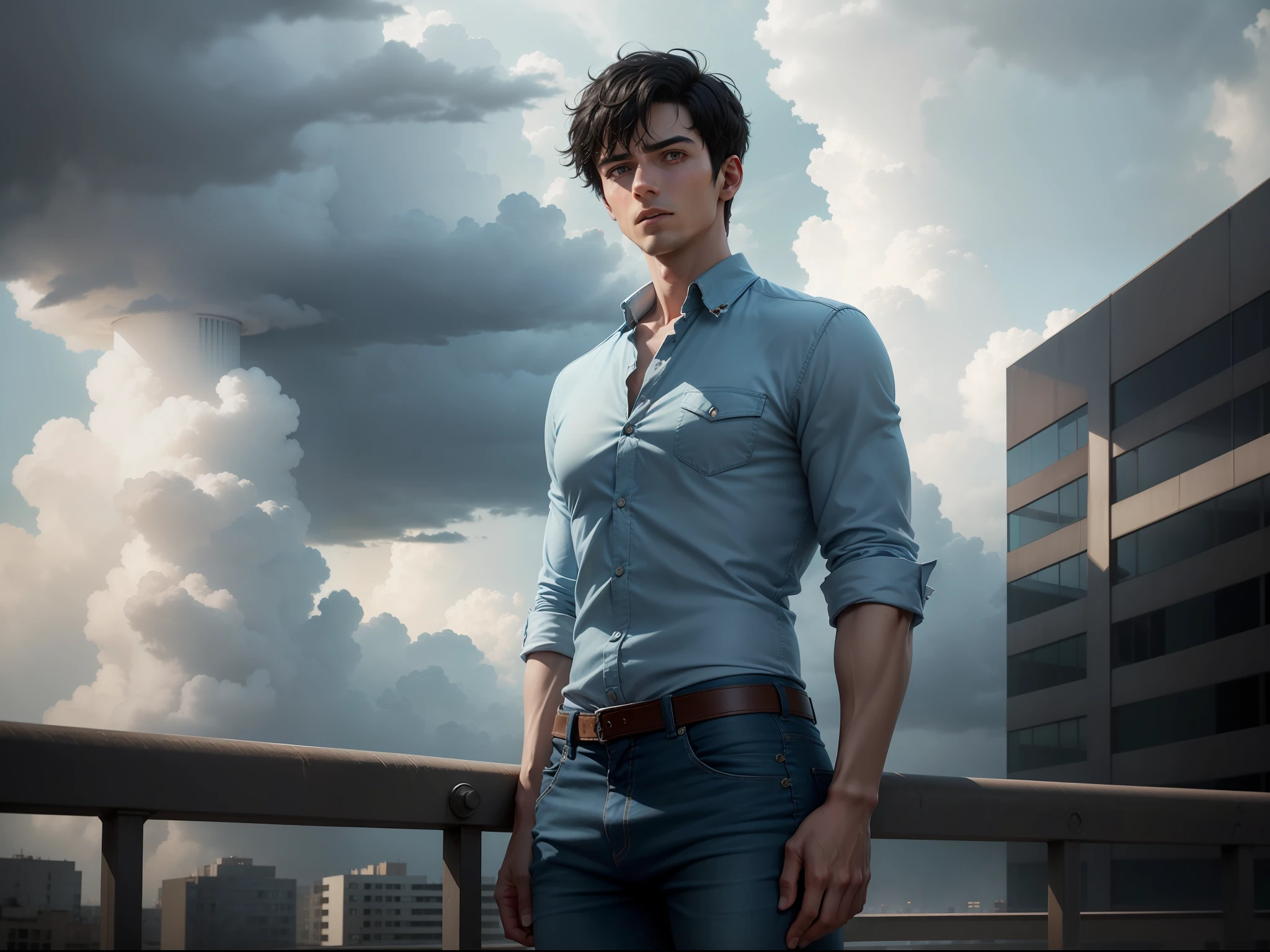 Ultra-realistic 8k image of a slim 25-year-old man, short black hair, dressed in a light blue button-up shirt and jeans, distressed expression, standing on top of a 20-story building, cloudy sky filled with rainy clouds