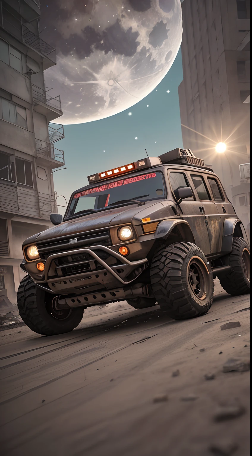 gopro shot of a (cyberpunk armored SUV) zeekars, 3/4 front view, wide angle action shot, post-apocalyptic, outdoors, night, road, destruction, urban decay, moonlight, full moon in background, masterpiece, photorealistic, 8k, high detail, dark theme,