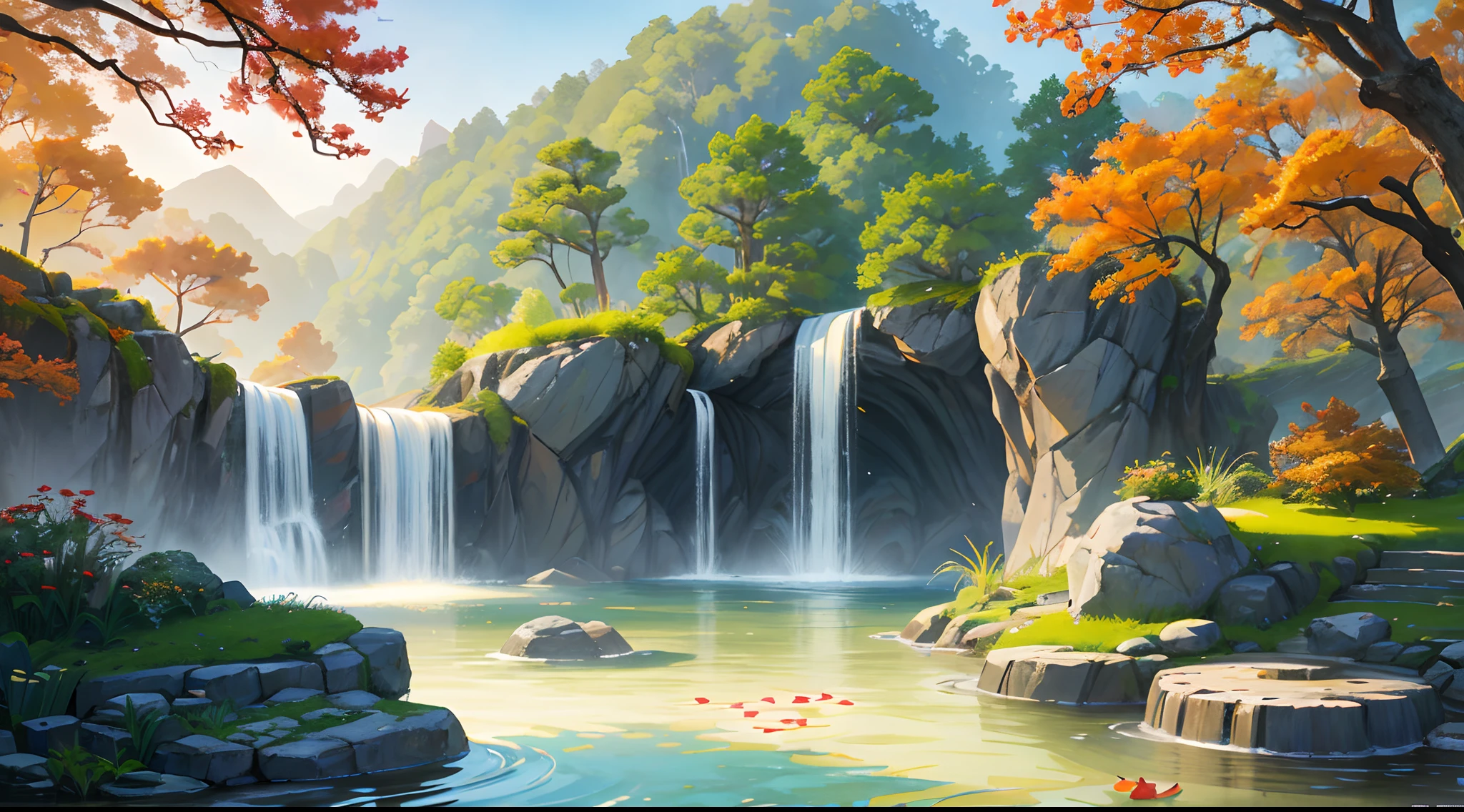 Ancient Chinese architecture, autumn, bamboo, lake, stone bridge, rockery, arch, corner, tree, tap water, landscape, waterfall, meadow, rock, water lily, hot springs, water vapor, (illustration: 1.0), epic composition, realistic lighting, high-definition detail, masterpiece, best quality, (very detailed CG unified 8k wallpaper)