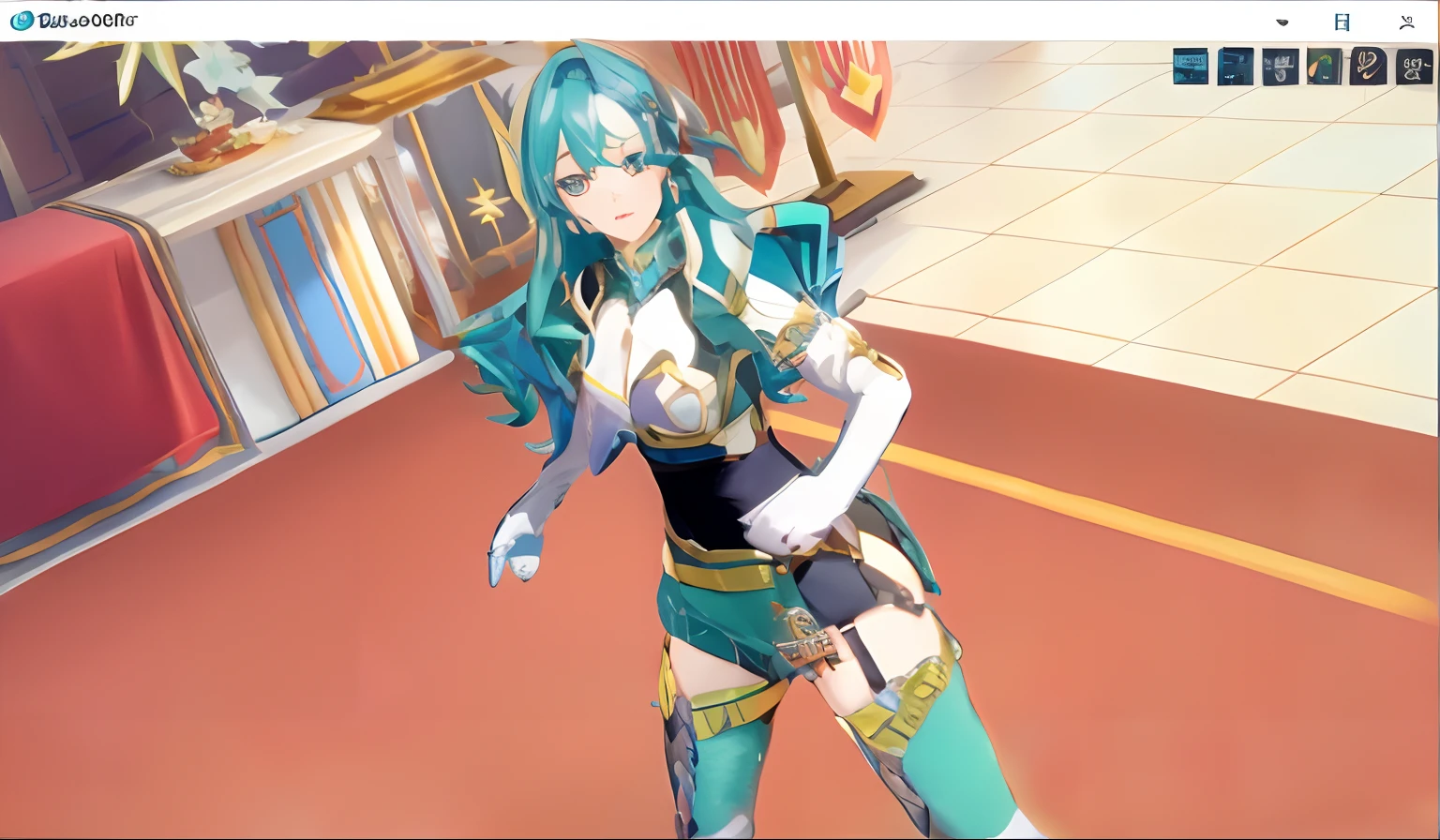 there is a woman in a costume that is standing in a room, Ayaka Genshin impact, ayaka game genshin impact, Keqing from Genshin Impact, A scene from the《azur lane》videogame, aqua from konosuba, royal elegant pose, Stylized anime, Portrait Chevaliers du Zodiaque Fille, live2d virtual youtuber model, regal pose