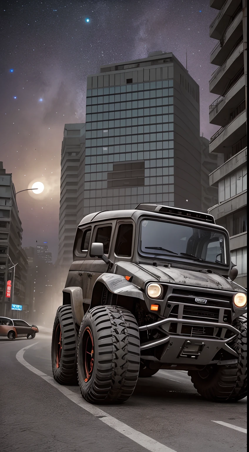 gopro shot of a (cyberpunk armored SUV) zeekars, 3/4 front view, wide angle action shot, post-apocalyptic, outdoors, night, road, destruction, urban decay, moonlight, full moon in background, masterpiece, photorealistic, 8k, high detail, dark theme,