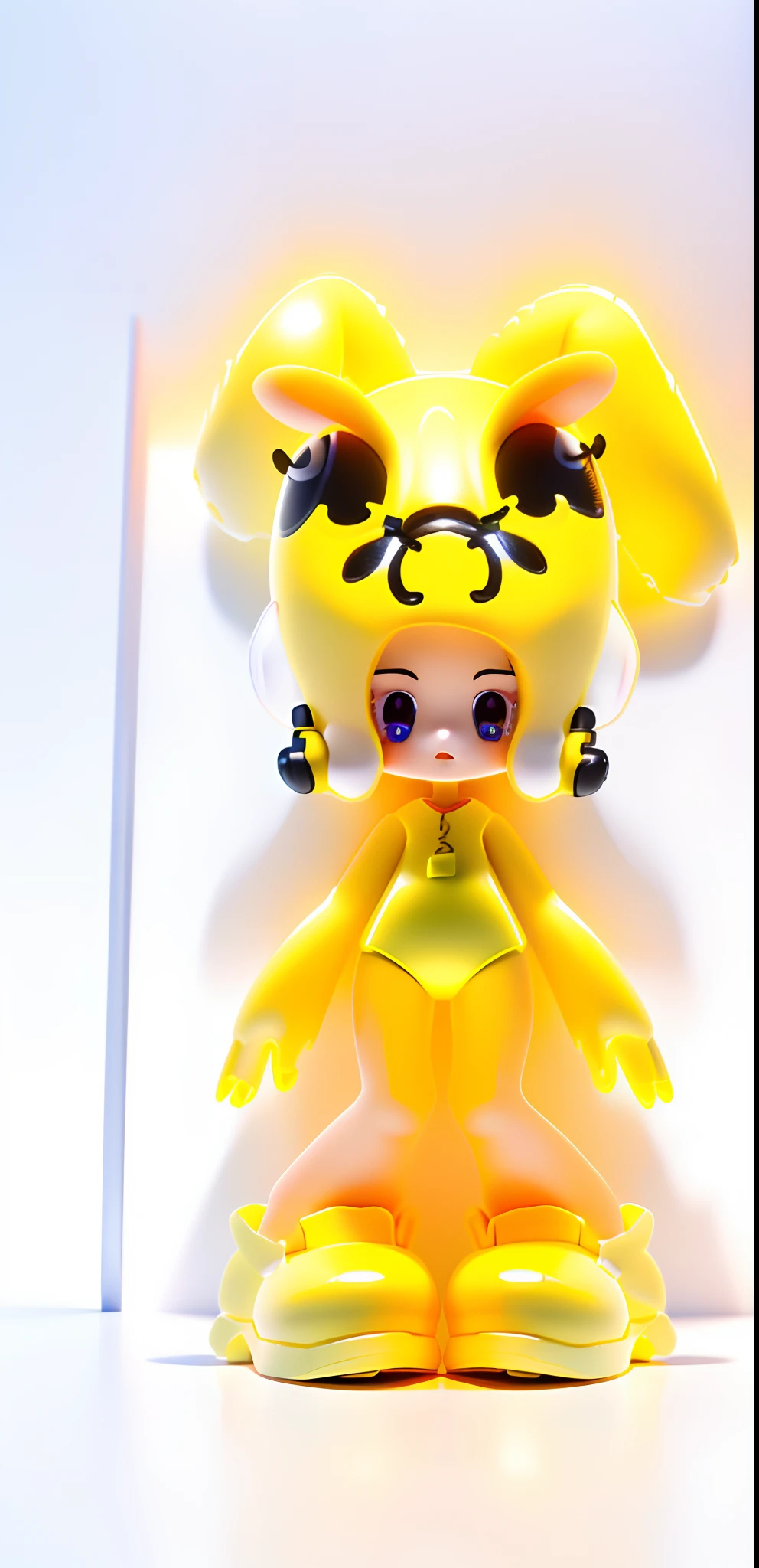 Super cute girl full body 3D drawing,1pc,((Wear a thick yellow hat with rabbit ears,bunny ears,yellow clothing,Yellow shoes)),good eyes looking,largeeyes,adolable,having fun,c4d,Pop Matt Blind Box,,Glowing bubbles,toys,solid color backdrop,tchibi,Fluorescent transmission,luminous body, kawaii,dolls,,Pop Mart Blind Box,Pixar,complexdetails,3Drenderingof,blender,OC renderer,fol body reference sheet,dribble,high details,8k,studio lighting,,petite,child