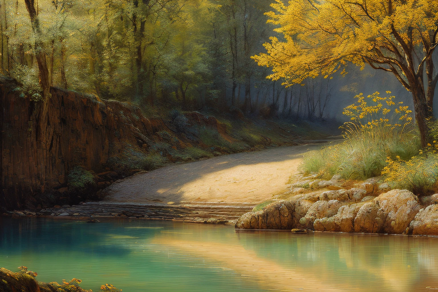 paysage, nenuphars (Highly detailed CG Unit 8k wallpaper), The most beautiful work of art in the world, Professional majestic oil painting, complexe, High detail, mise au point nette, dramatique, Art of photorealist painting, Alma Tadema