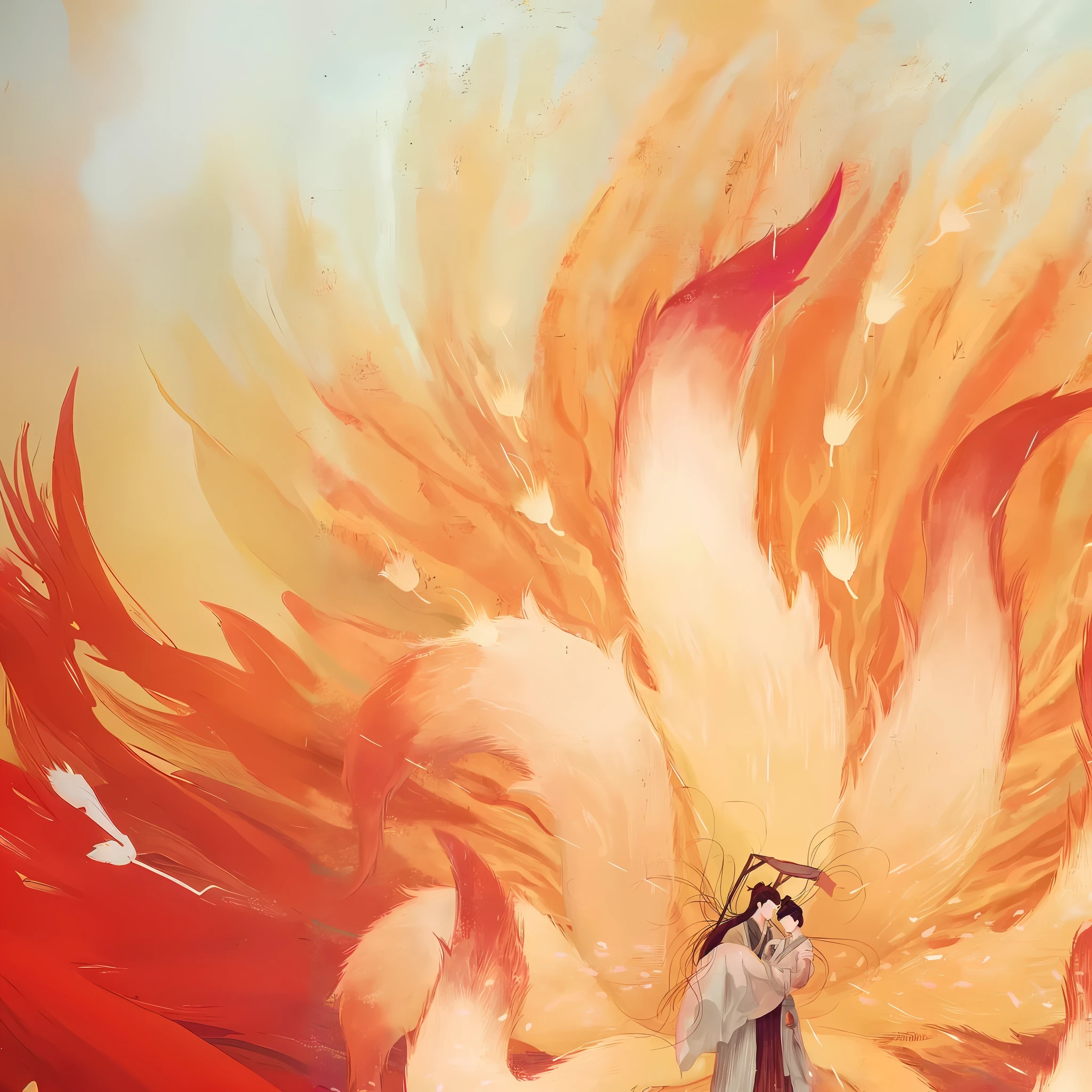 Draw a woman in a red dress,It has a large orange flower on it, the butterfly goddess of fire, botticelli and victo ngai, ''wallpaper of a phoenix resting, korean art nouveau anime, holy fire spell art, brittney lee, holy flame spell, artwork of a phoenix, with fiery golden wings of flame, Onmyoji detailed art, by Yang J