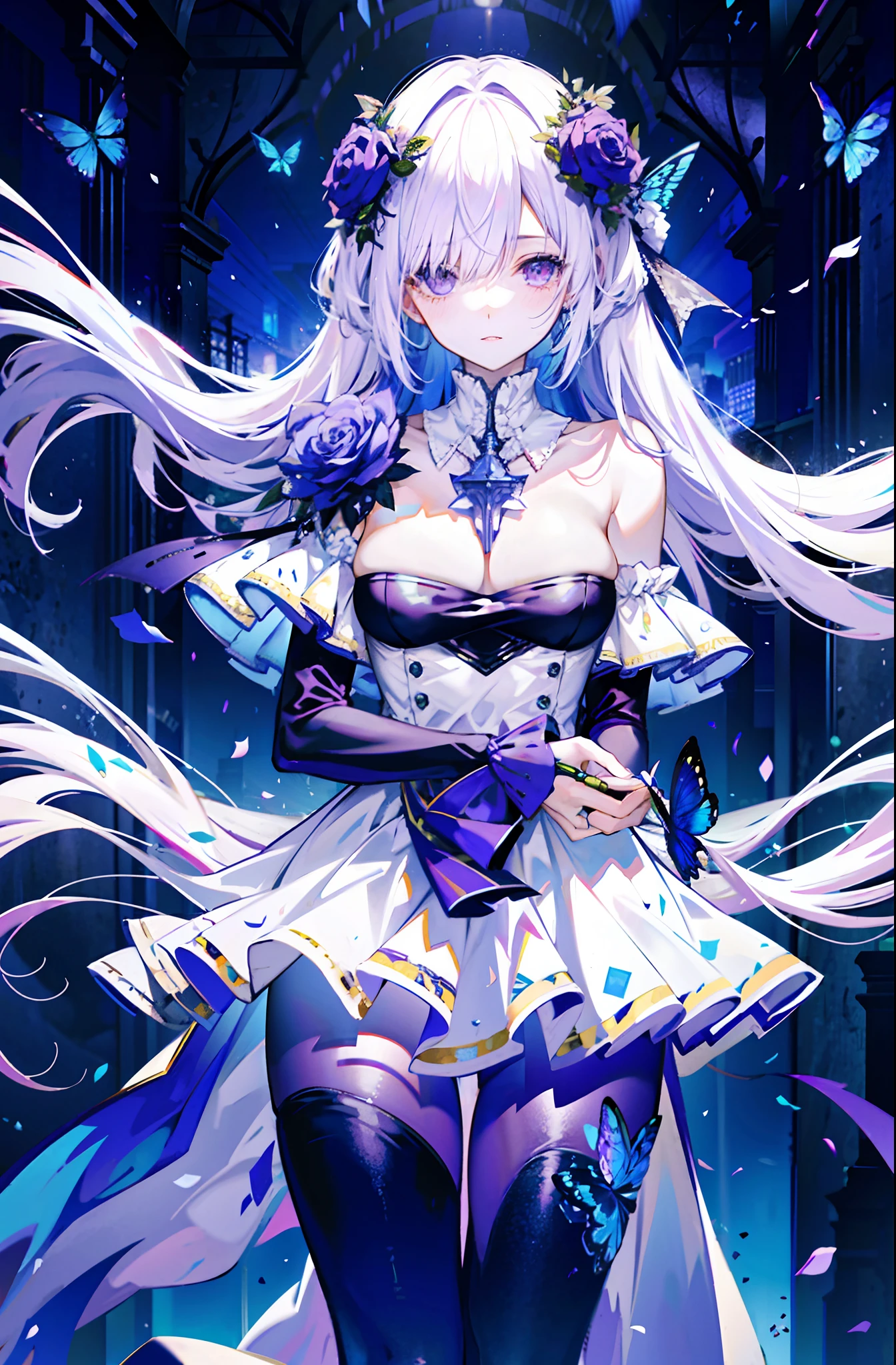silber hair,butterflys,long whitr hair,8k wallpaper,detailedbackground,Highest high resolution,deep v big breasts,Hair covers one eye,Bandeau,Church background,Purple roses,tight-fitting,themoon,