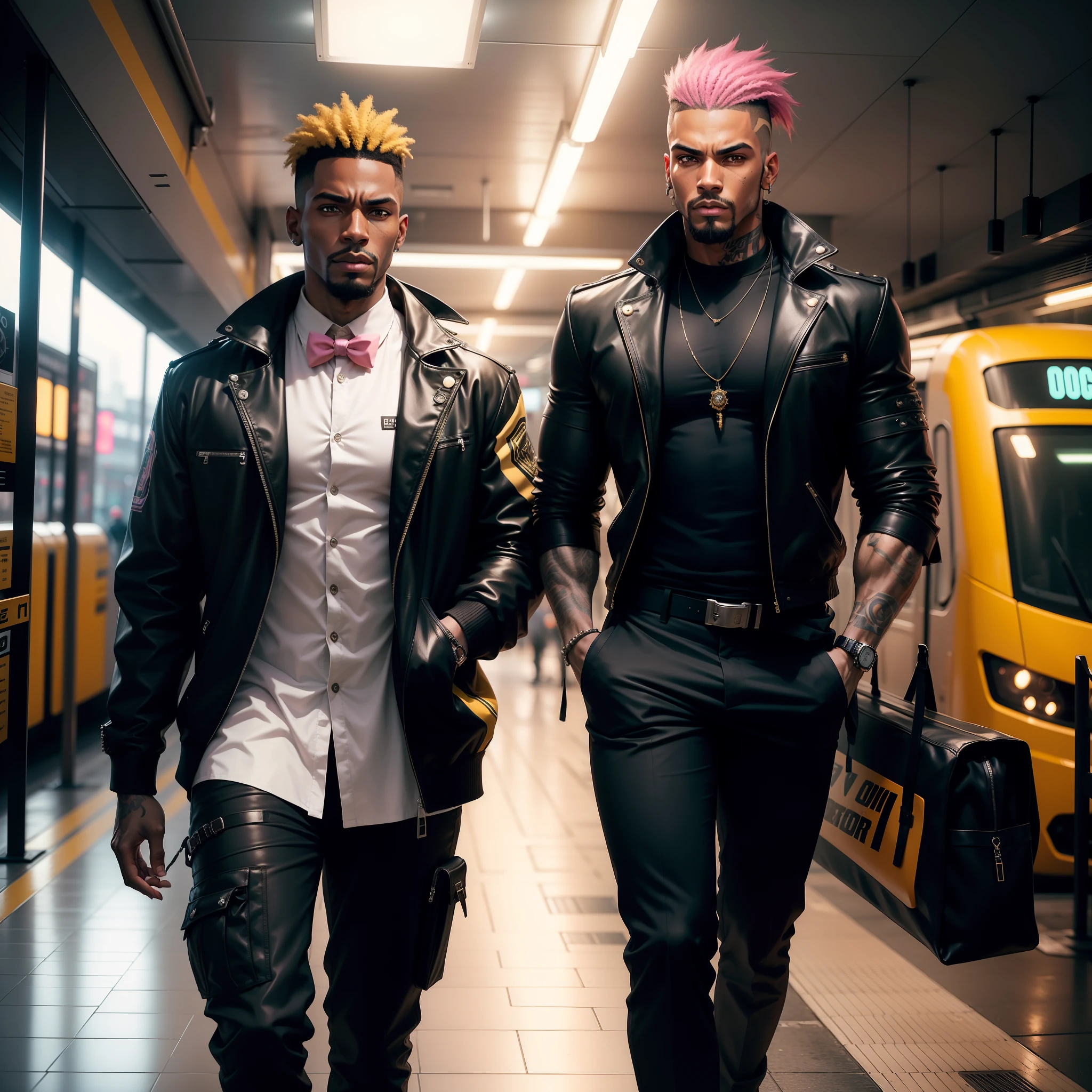 I'd like a cyberpunk style image in 4k average photo of two black characters ,homem e mulher ,portanto,africano, forte, musculoso,Bodybillder,muito forte de pele negra ,barba grande,barba, Estiloso Barbon,com cabelo punk estilo anos 80 na cor amarelo e cinza escuro,muito eLegante,, futurista e estiloso neon , com uma tatuagem super colorida e com neon ,Toattoo, facing a metro station on the platform , with station lights failing in a dimly lit environment, standing dressed in a dark yellow suit with a pink bow tie and baggy shirt.