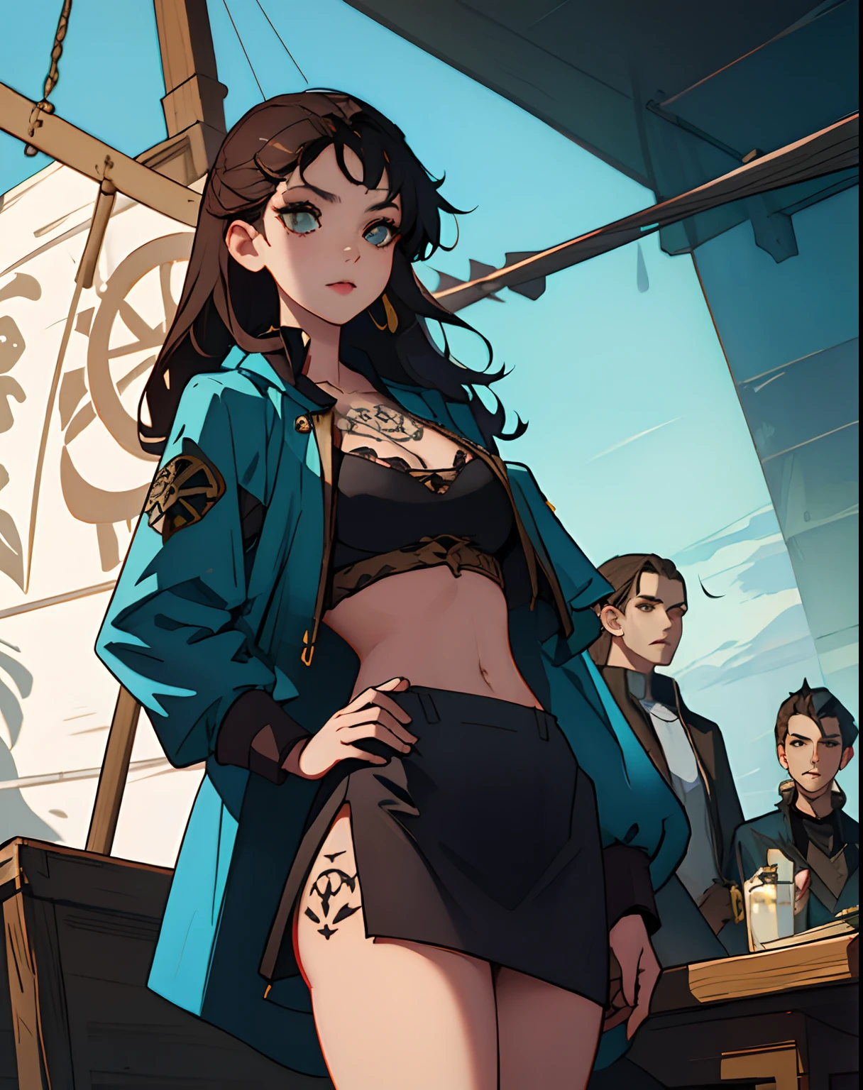 (obra-prima), modelo victoria secret, rosto altamente detalhado, signings, garota pirata, cinto de armas, cutlass, navio pirata, veleiro, mar, nsfw, peitos arredondados perfeitos, forma de corpo perfeita, ((tatuagens pretas sobre todo o corpo)), Legendary clothing,cabelo vermelho,jaqueta de couro preto,jaqueta aberta,roupas pirata