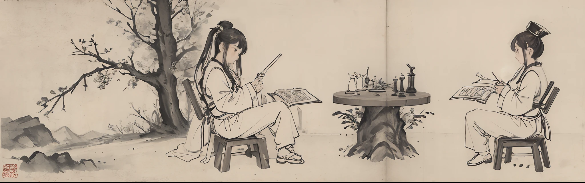 (obra maestra, mejor calidad: 1.2), pintura de tinta china tradicional, Two children playing chess