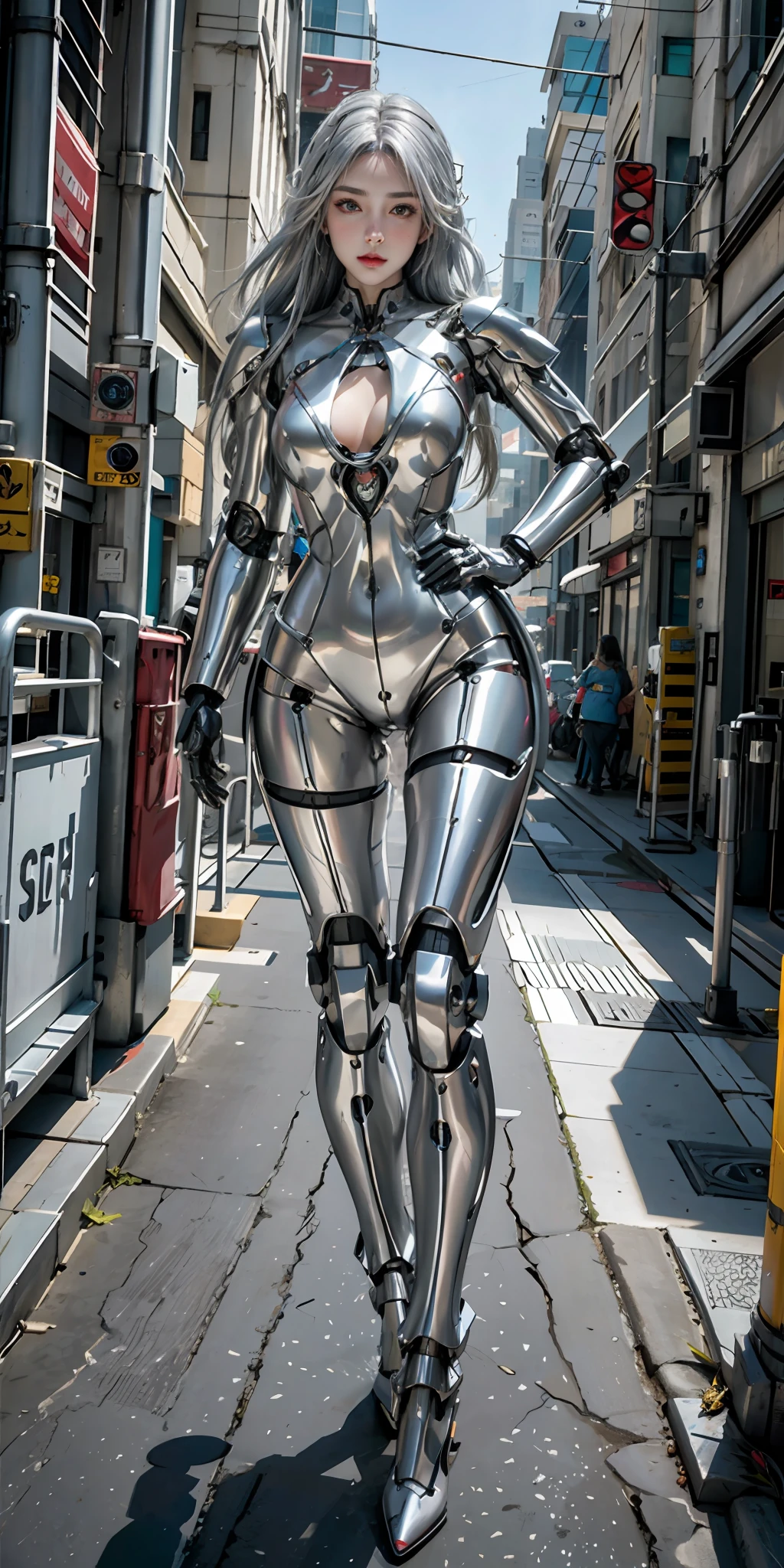 photorealistic, high resolution, soft light,1women, solo, hips up, (detailed face), silver hair, long hair, mecha musume, colorful mechanical parts, robot joints, mechanical bodysuit, cyborg, full metal body, night city,