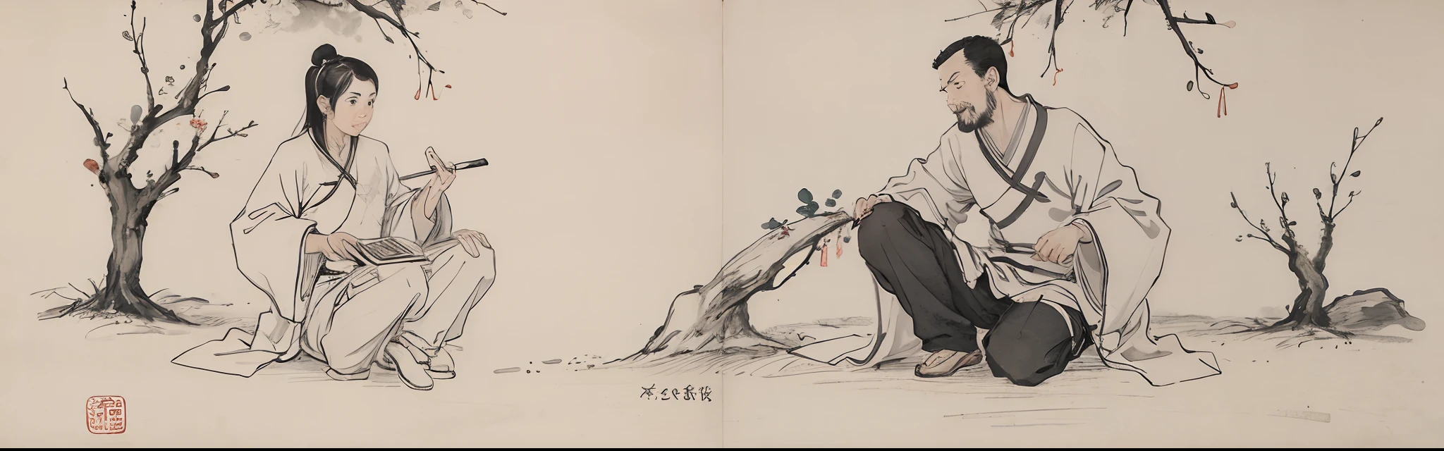 (obra maestra, mejor calidad: 1.2), pintura de tinta china tradicional, Two children playing chess