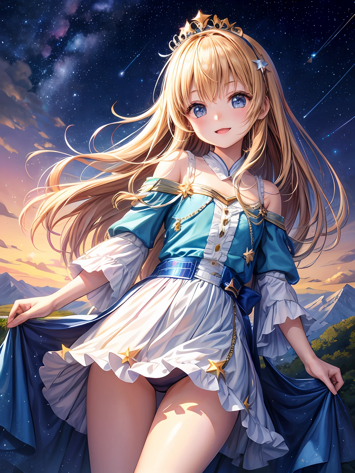 lighting like a movie、top-quality、hime、Wearing a tiara、Mountains in the Alps々、Stars of the galaxy、A slight smil、Small panties、Beautiful starry sky、