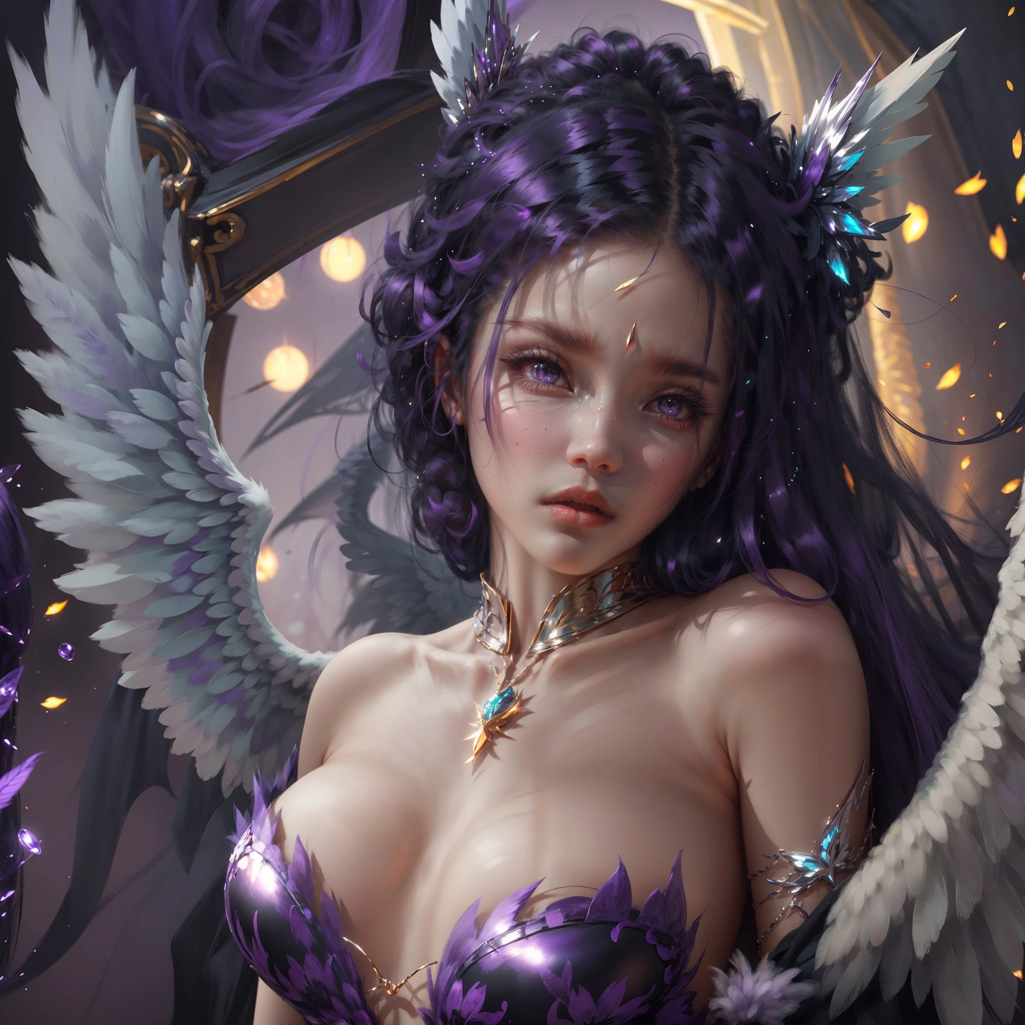 Generate a pretty angel with glittering (((dark purple hair))), loose curls, and long hair, and purple macro eyes. Her eyes are extremely detailed and high resolution, and should contain shades of purple with realistic shading, beautiful detailed eyes. She has dark skin. She is wearing delicate clothes of billowing silk, shimmering silk, and stunning feathers. archangel, silver ornaments, highlights, angel's city, fantasy, anime, puffy lips