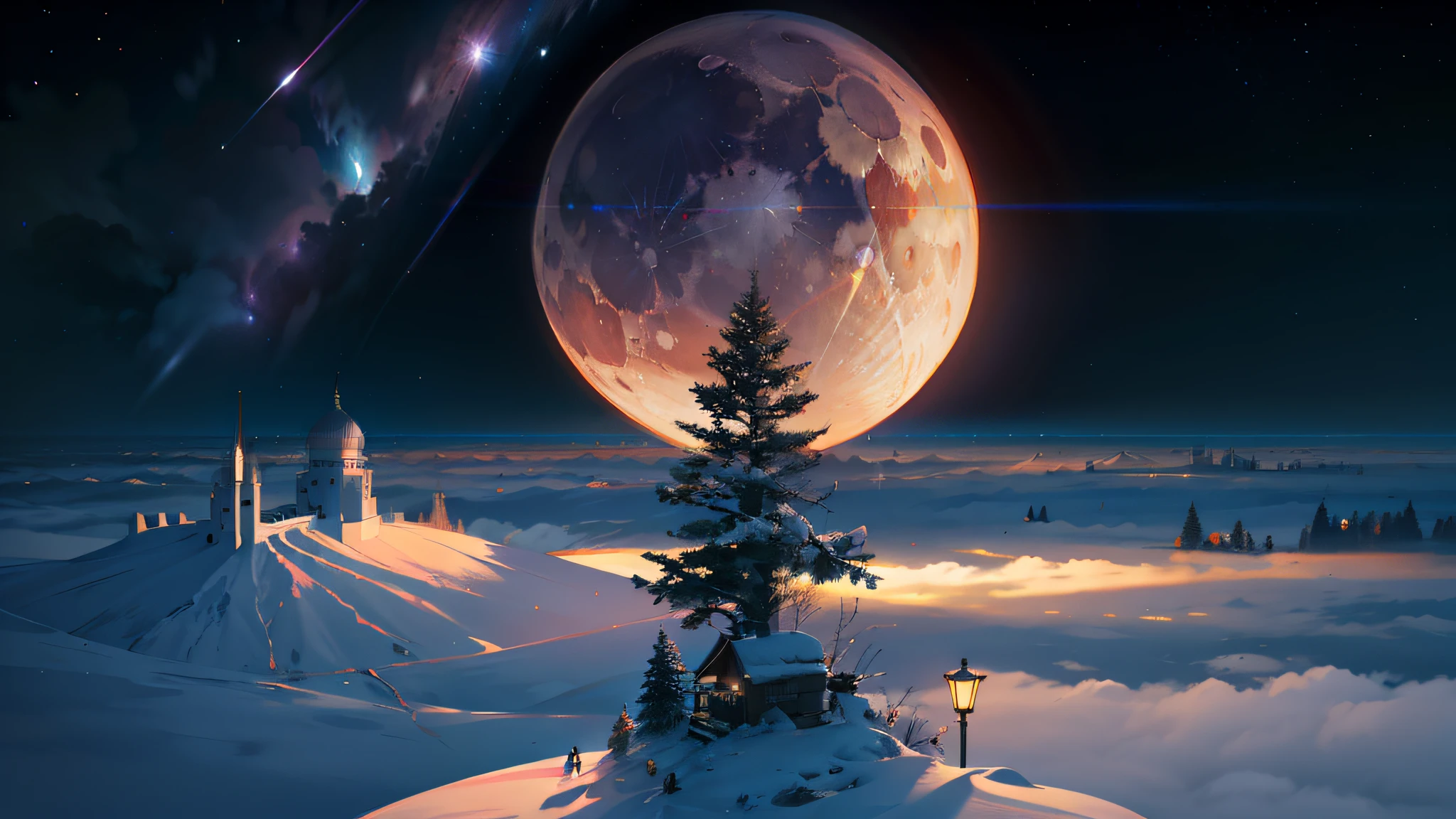 Expansive landscape photograph,(look from down,Above is the sky,Below are open fields),(moon full:1.2),(meteors:0.9),(Starcloud:1.3),Far Mountain, Tree BREAK making art,(Warm light source:1.2),(glowworm:1.2),lamp lights,Lots of purple and orange,Complicated details,Volumetriclighting,Realism BREAK(tmasterpiece:1.2),(best qualtiy),4K,Ultra-detailed,(dynamic compositions:1.4),The is very detailed,Colorful details,(Irridescent color:1.2),(luminouslighting,Atmospheric lighting),dream magical,magical,(独奏:1.2)Peach blossom tree,rios,No Man