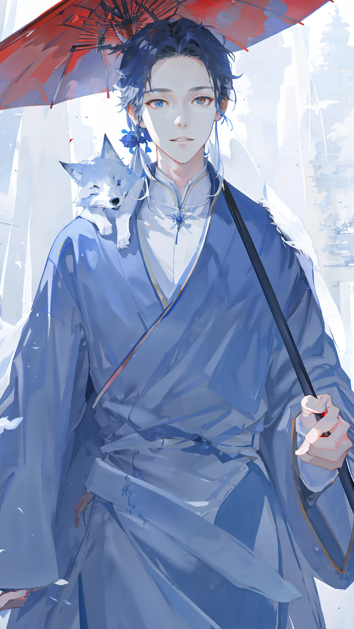 tmasterpiece、Need、1male people、AS-Adult、Gray-blue robe，Red oil-paper umbrella，White fox