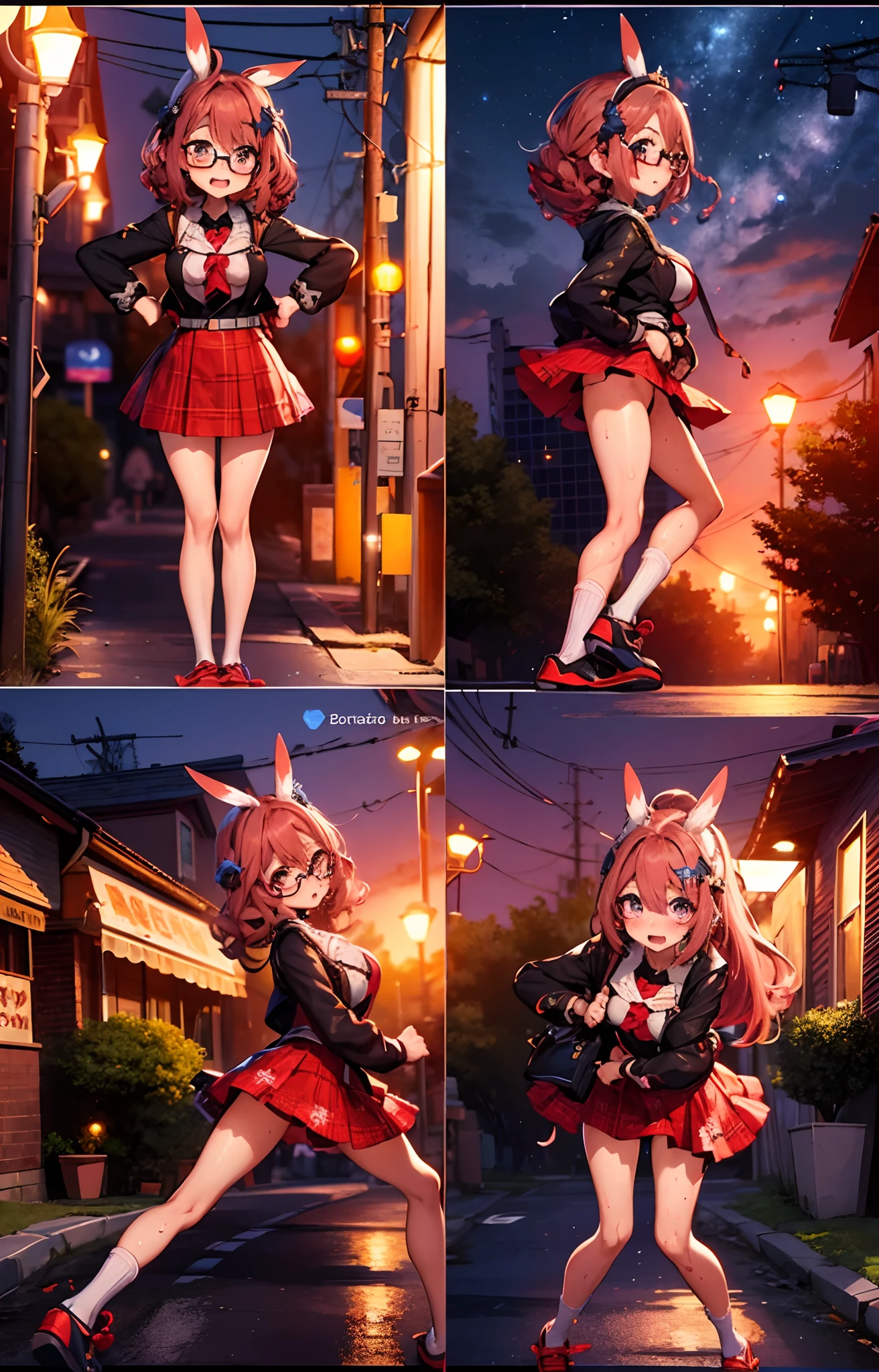 (8k, best quality, masterpiece:1.2), (realistic, photo-realistic), ultra-detailed, 1 girl,cute, solo,beautiful detailed sky,detailed cafe,night,sitting,dating,(nose blush), High school girl red curly hair, glasses, big boobs,pokemon top,wet,sexy short skirt,bunny ears,stylized anime, anime cgi, default pose neutral expression, 4k], 4 k ], epic poses, live2d virtual youtuber model, various poses, pose reference, distorted pose