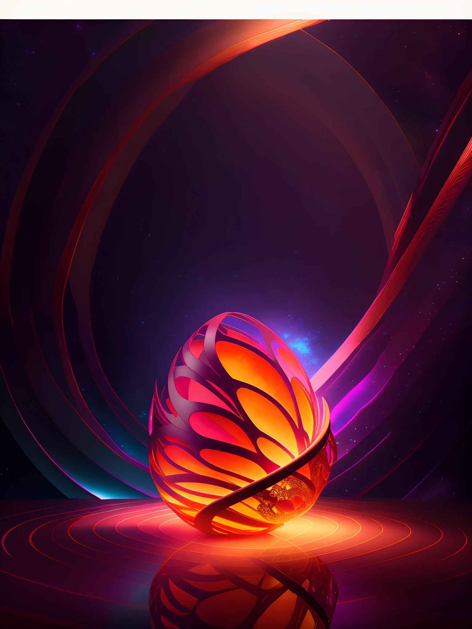 Efecto Shatter en After Effects,,Intricately opaque 3D soft broken shell egg carved from shiny ivory in a dimly lit room, con una luz rosa muy suave que emana de debajo del huevo, zarcillos de vid en espiral brillantes de color naranja rosado que abarcan el huevo amorosamente como si estuviera vivo, fotorrealista, detallado, realista, alta calidad, Background thunderstorms, detallado, realista, 8k UHD, alta calidad, Barbiecore.  magica, fantasy, rosado, violeta, PALETA DE ORO, flores