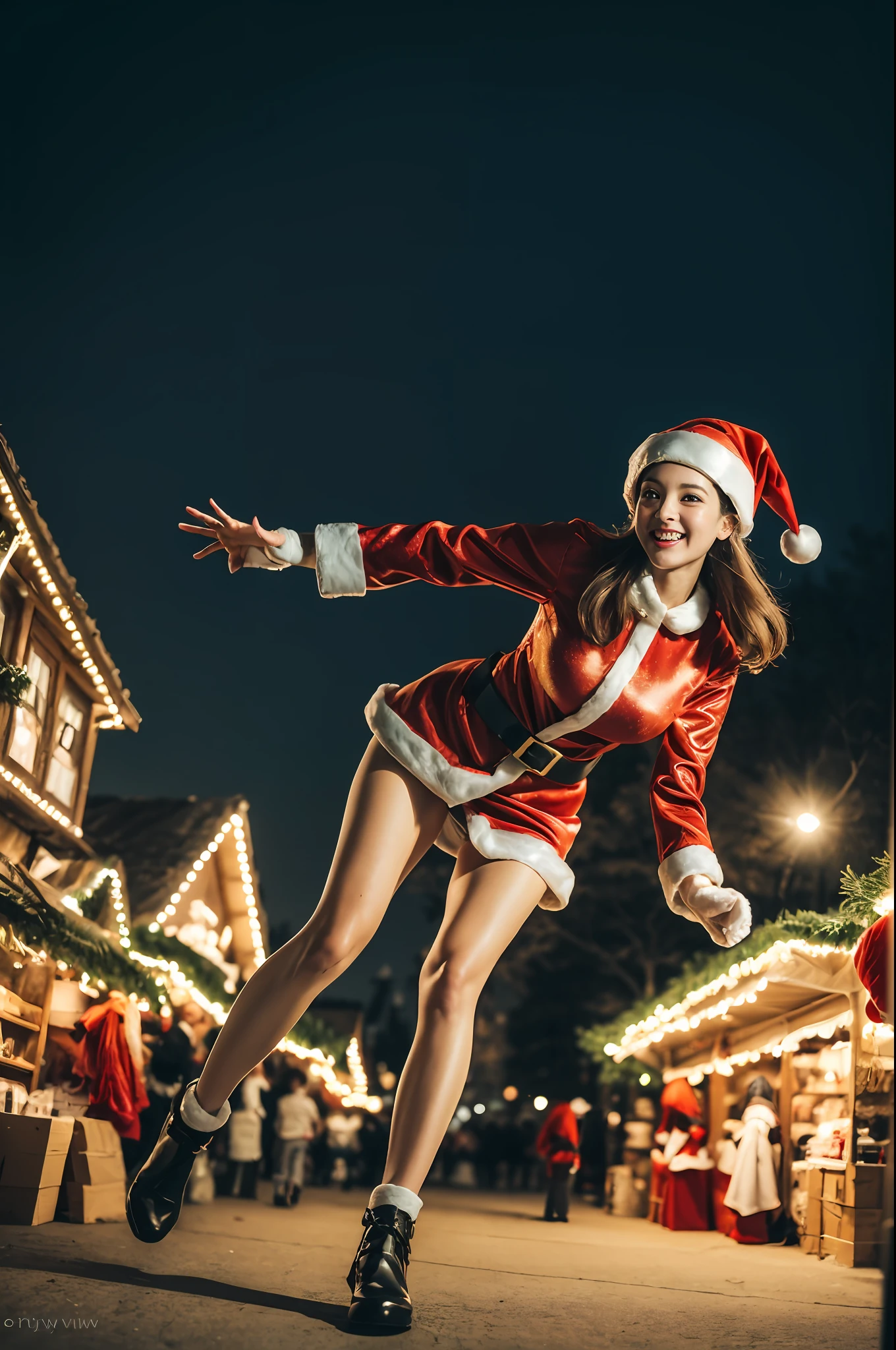 (((santa claus costume))),(((running))),(((view full body))),(((Photographing a girl from an angle))),ulzzang-6500-v1.1, (Raw photo:1.2), (Photo realistic:1.4), a beautiful detailed girl, extremely detailed eye and face, beautiful detailed eyes, ultra-detailed, High resolution, top-quality, masterpiece, highly detailed, 8k wallpaper, Wonderful, finely detail, top-quality, Light on the face,电影灯光,1girl in,(Christmas market in Stuttgart),Beautiful eyes,smile,Opening Mouth