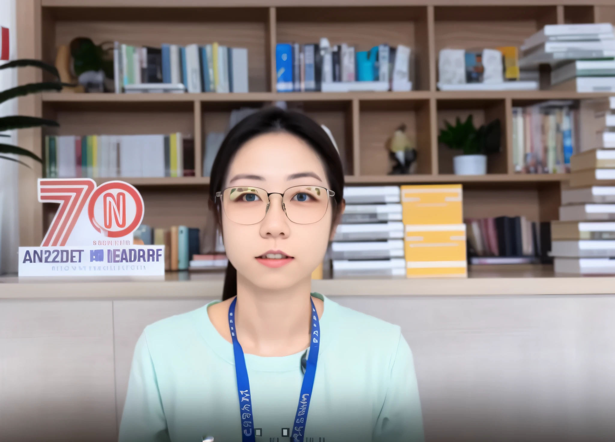 There was a woman with glasses standing in front of a bookshelf, pixal style,The background is the bookshelf
