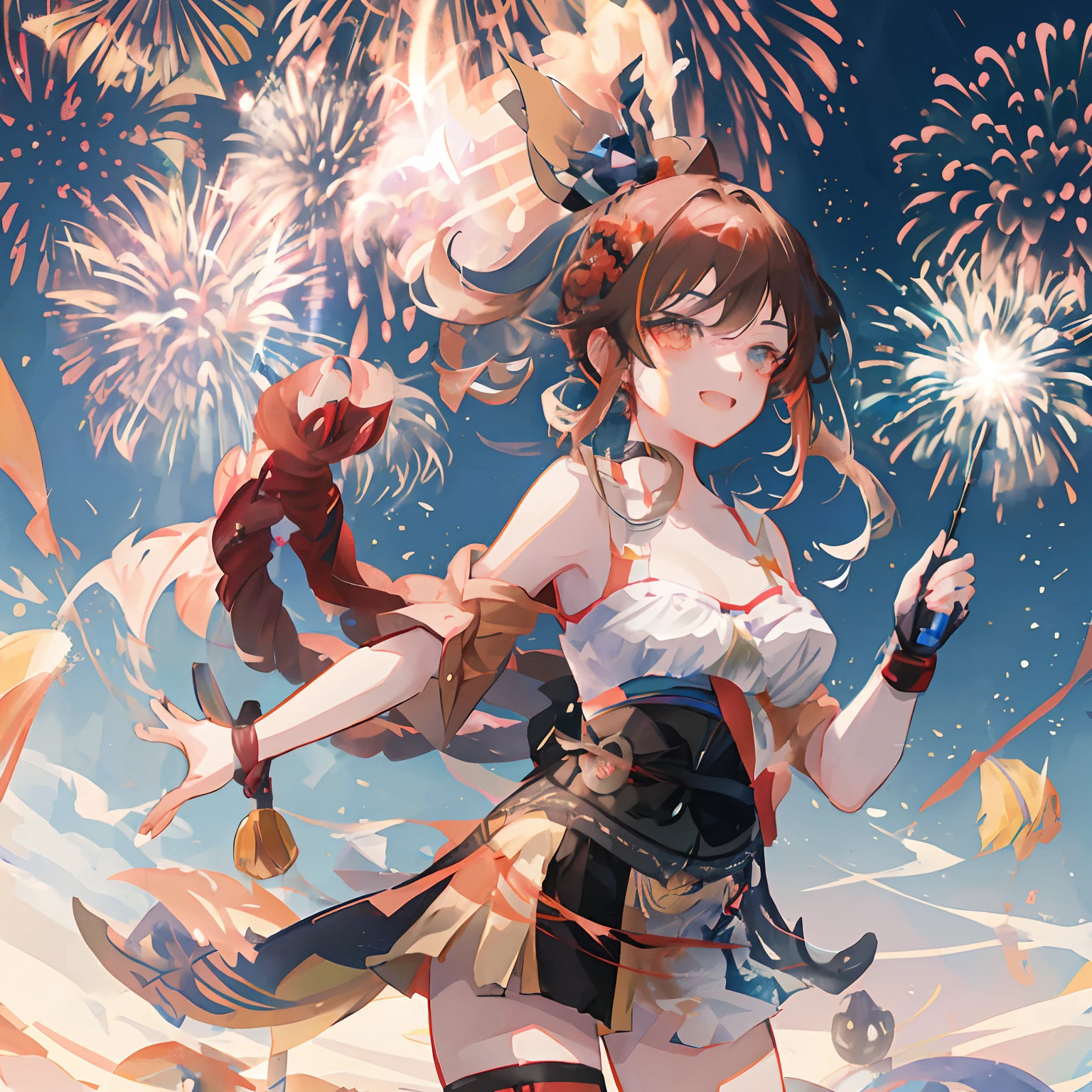 Anime girl with gun and fireworks background, fire works, [ fireworks in the sky ]!!, Ayaka Genshin impact, Best anime 4k konachan wallpaper, trending on artstation pixiv, Kawasi, Kantai collection style, Guweiz in Pixiv ArtStation, pixiv contest winner, Fireworks, style of anime4 K