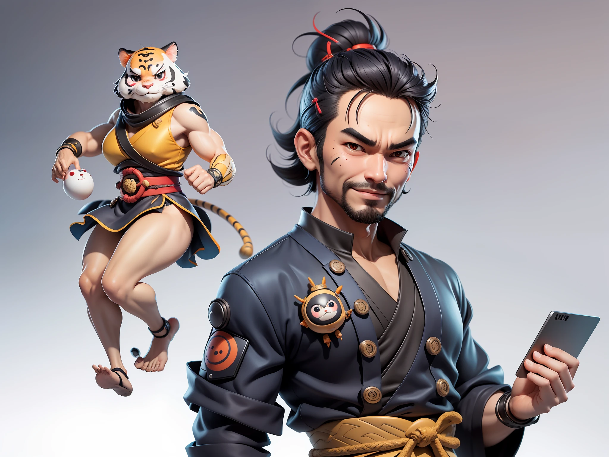 (Daisaku),(Need),(Super meticulous),(full bodyesbian:1.2),Super young man with Japanese geisha,Beautiful,orient,one tiger,Aeolian Thor,Raised sexy,爆乳,Oriental face,TV Anchor,Bust portrait illustration,In black suit,a blue tie,The face is slightly chubby,The face was clean,without a beard,Black super short hair,Black eyes,Smile confidently,3C computer sub-products,iPad, iphone,Digital painting,3D character design by Mark Clairen and Pixar and Hayao Miyazaki and Akira Toriyama,The illustration is a high-definition illustration in 4K resolution,With very detailed facial features and cartoon-style visuals。