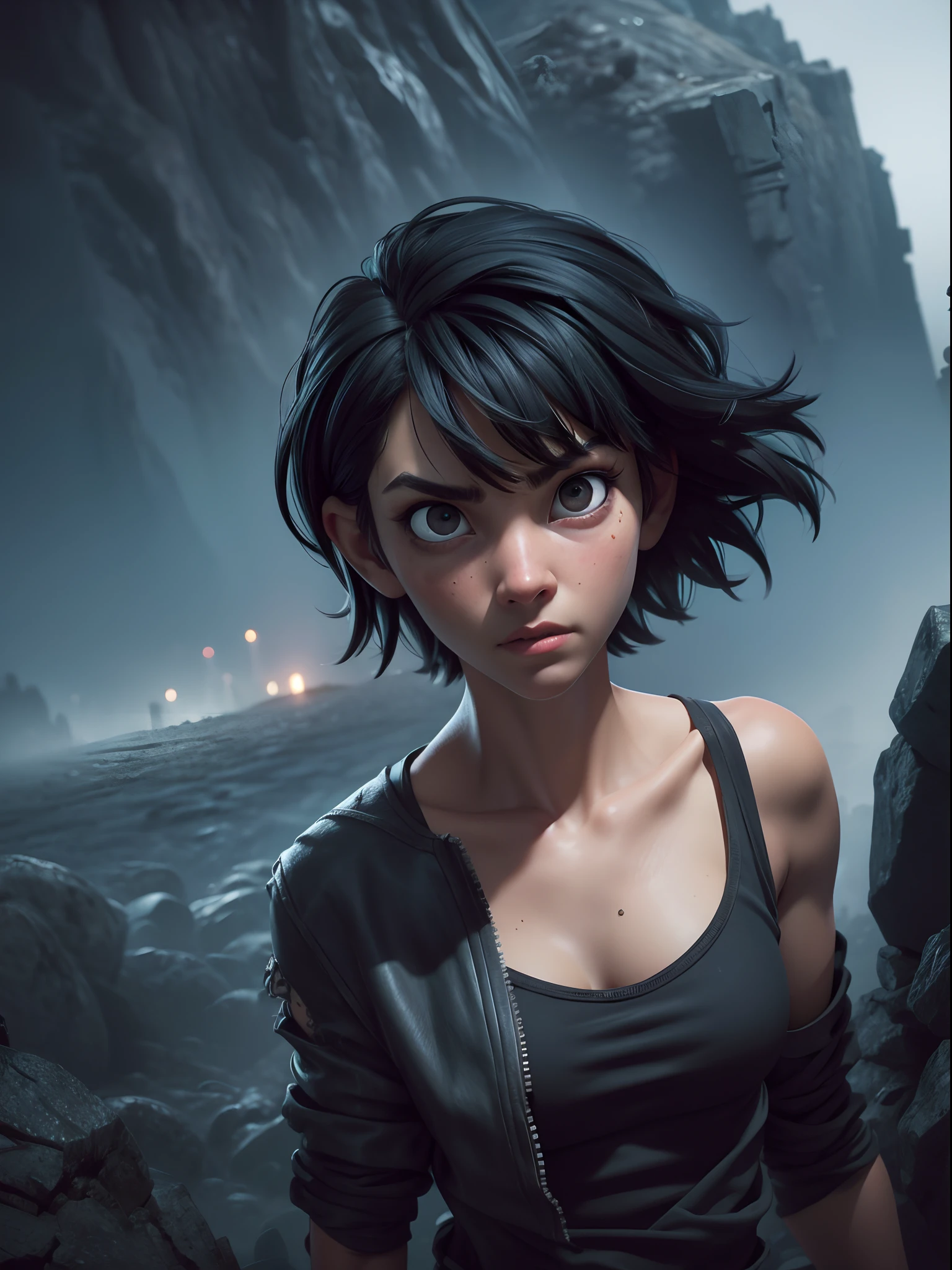 1girl, short black hair messy, black eyes, psycho look, gray haze around, peeking out upper body, dark cave, ((monster in the background)), Ripped clothes, 16k
