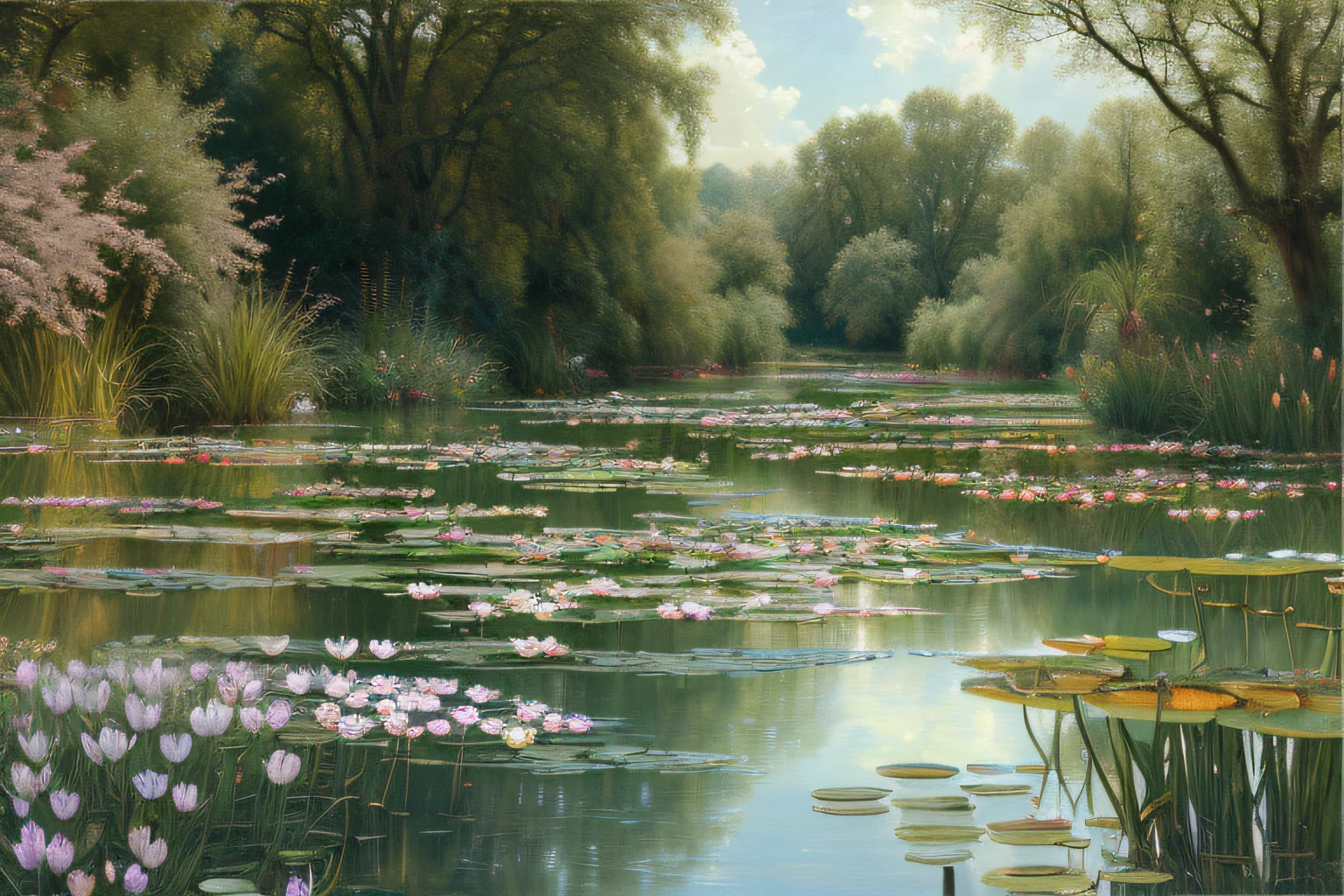 paysage, eau cristalline, Water lilies,(Highly detailed CG Unit 8k wallpaper), The most beautiful work of art in the world, Professional majestic oil painting, complexe, High detail, mise au point nette, dramatique, Art of photorealist painting, Alma Tadema