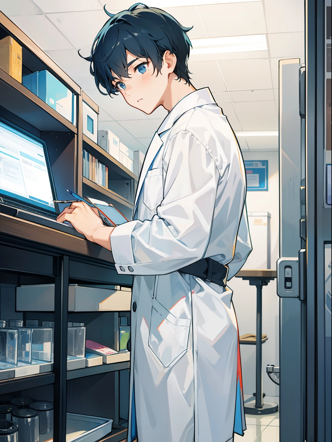 A boy writes a paper intently in the lab。