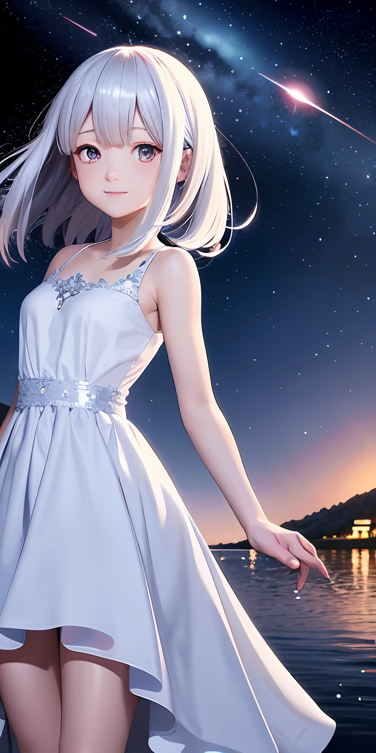 Anime characters，Anime landscapes，whaite hair，Red eyes，white dresses，The upper part of the body，Hairline，Fair skin，dual horsetail，Starry sky at night，reflection on the lake，Review，ssmile，fine，chaste，Lawn shore