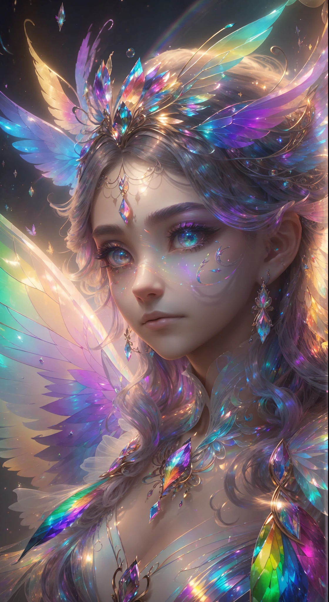 (((masterpiece))), (((best quality))), ((ultra-detailed)),(highly detailed CG illustration), ((an extremely delicate and beautiful)),cinematic light, Create a stunning fantasy artwork that mimics the style of currently trending masters of the genre. The art piece should contain elements of both mythic fantasy and fairytale fantasy with dreamy rainbow accents. ((Utilize the dark rainbow as the main color scheme.)) The character in the artwork is a delicate but strong petite figure with an aura of mystery and magic and (beautiful translucent rainbow wings). Pay close attention to intricate facial features, such as mesmerizing eyes with vibrant colors and bold shading. The character's clothing should be designed with gossamer feathers, silk, stunning embroidery, and subtle iridescent details. Incorporate (((translucent rainbows))), dreamy colors, dynamic lighting, and detailed background elements to create a sense of awe and immersion. Include colorful flying magical birds and jewel-toned rainbow butterflies radiating a magical aura. Consider the latest trends in fantasy art, such as incorporating unique lighting effects, exploring dynamic and compelling composition techniques, and experimenting with unique color palettes. Take inspiration from the top artists on ArtStation and Midjourney. Camera: Choose an angle that highlights the character's beauty and enhances the magical majesty of the artwork. Lighting: Utilize atmospheric lighting techniques to create depth and mood. Resolution: Aim for a high-resolution artwork to showcase intricate details and clarity. Art Inspirations: Seek inspiration from the trending artists on ArtStation, exploring different styles, genres, and themes.