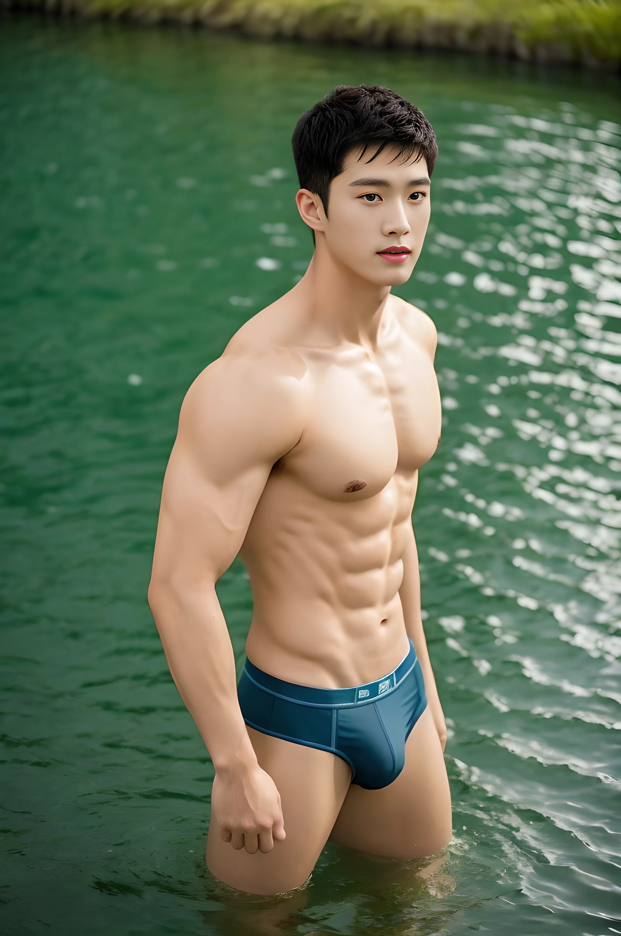 Man in underwear standing in front of a body of water,There is sunlight in the water body,Northeast muscle male,Mannequins,Triangle underwear,There are duckweeds in the water,Lotus leaf,Very short black hair,The style of a star,One piece of school grass,Place your hands on your waist,Strong arms,Very sexy,The crotch is also large,The underwear is printed with a pattern,There are also small fish in the water,Yang Yang's height and appearance,The color of the underwear is black