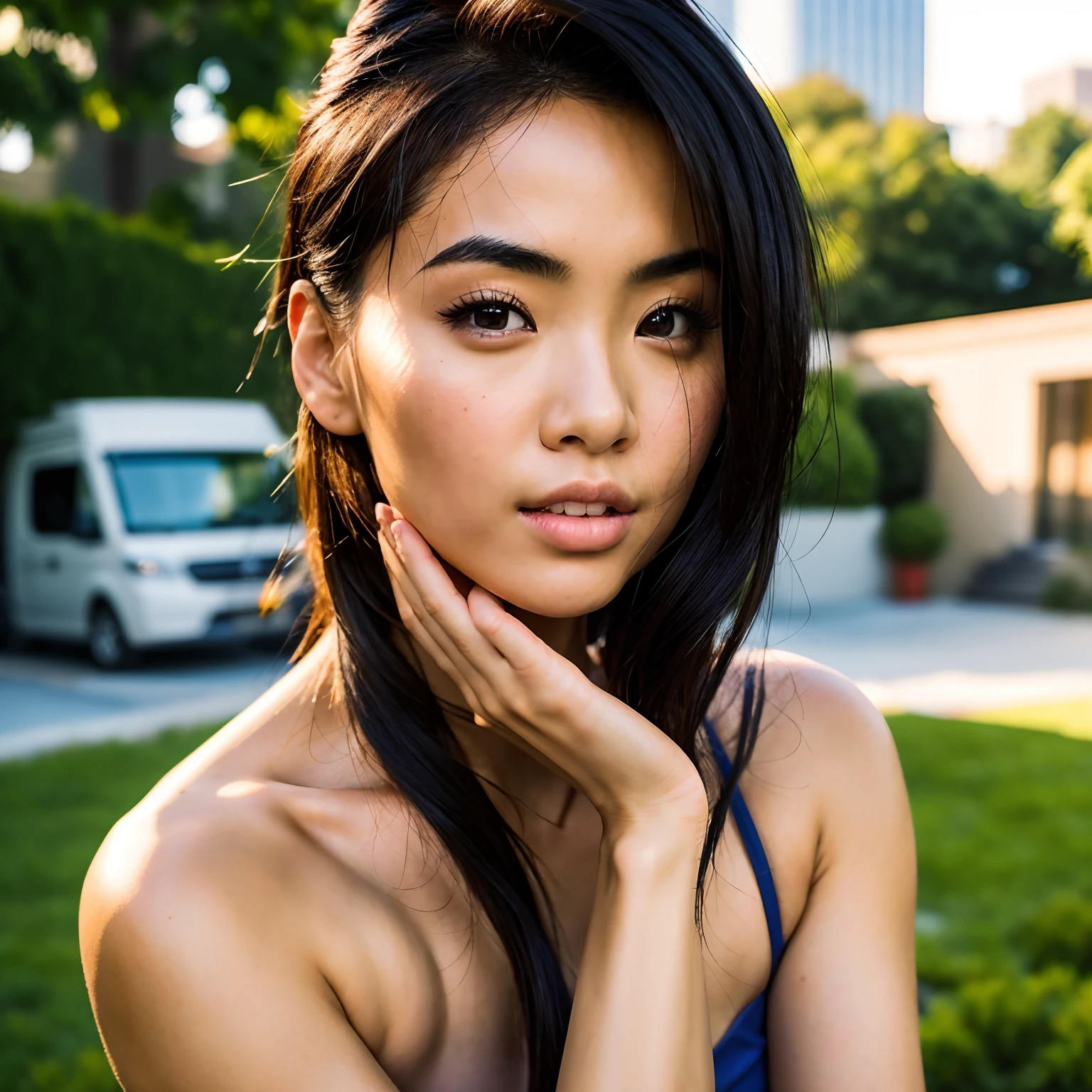 A portrait of beautiful asian model sukiluser (1girl), gorgeous face, serious face, realistic skin, short straight hair, photorealistic, hyperrealism, ultra detailed, high resolution, masterpiece, best quality, detailed background