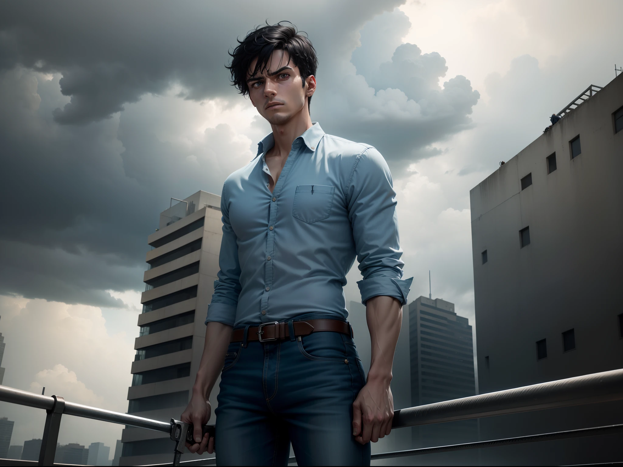 Ultra-realistic 8k image of a slim 25-year-old man, short black hair, dressed in a light blue button-up shirt and jeans, expression of anguish, looking at the switchblade in his hand while standing on top of a 20-story building , holding a switchblade overcast sky filled with rainy clouds
