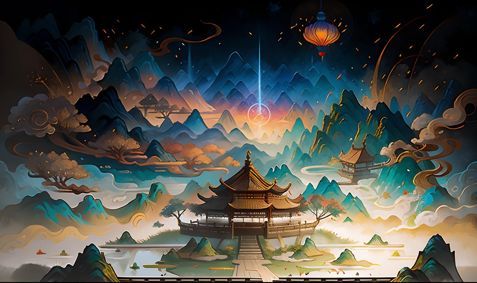 An ancient Chinese painting, ancient chinese background, mountain ranges, rios, Auspicious clouds, Pavilions, rays of sunshine, Qin Shi Huang,tmasterpiece, super detailing, Epic composition, hyper HD, high qulity, extremely detaile, offcial art, 统一 8k 壁纸, super detailing, 32k -- v 6