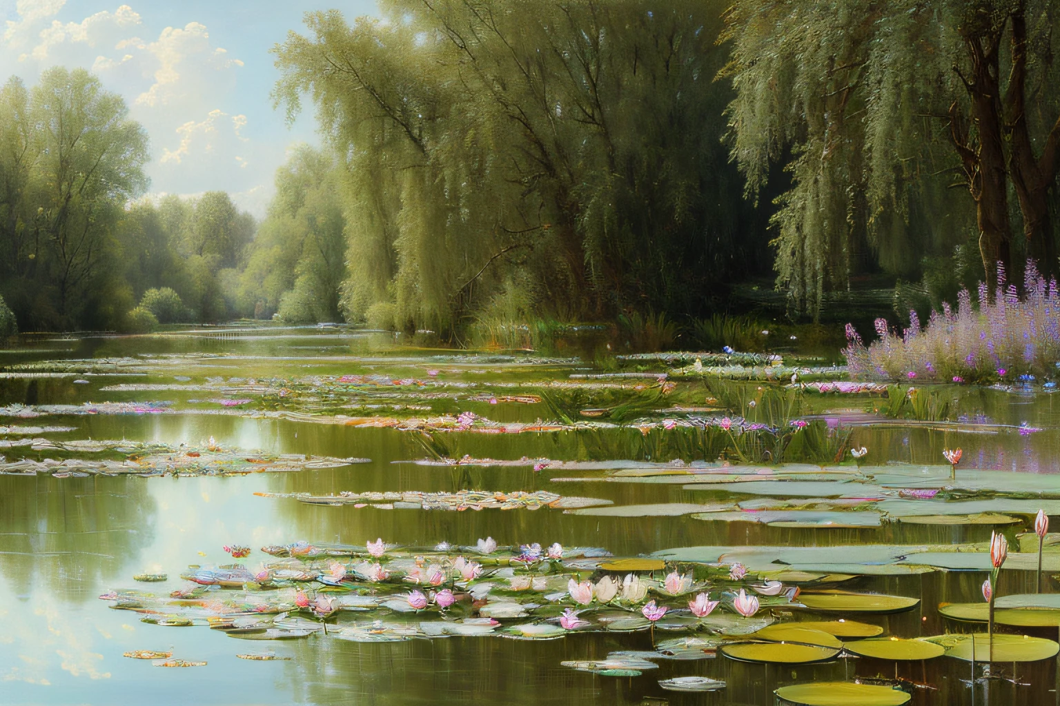 paysage, eau cristalline, Water lilies,(Highly detailed CG Unit 8k wallpaper), The most beautiful work of art in the world, Professional majestic oil painting, complexe, High detail, mise au point nette, dramatique, Art of photorealist painting, Alma Tadema