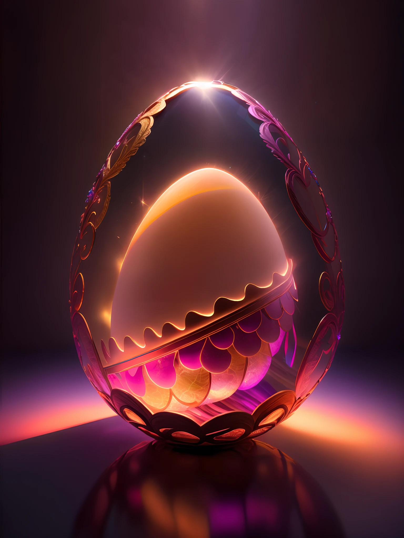 Efecto Shatter en After Effects,,Intricately opaque 3D soft broken shell egg carved from shiny ivory in dimly lit room, con una luz rosa muy suave que emana de debajo del huevo, zarcillos de vid en espiral brillantes de color naranja rosado que abarcan el huevo amorosamente como si estuviera vivo, fotorrealista, detallado, realista, alta calidad, Background thunderstorms, detallado, realista, 8k UHD, alta calidad, Barbiecore.  magica, fantasy, rosado, violeta, PALETA DE ORO, flores