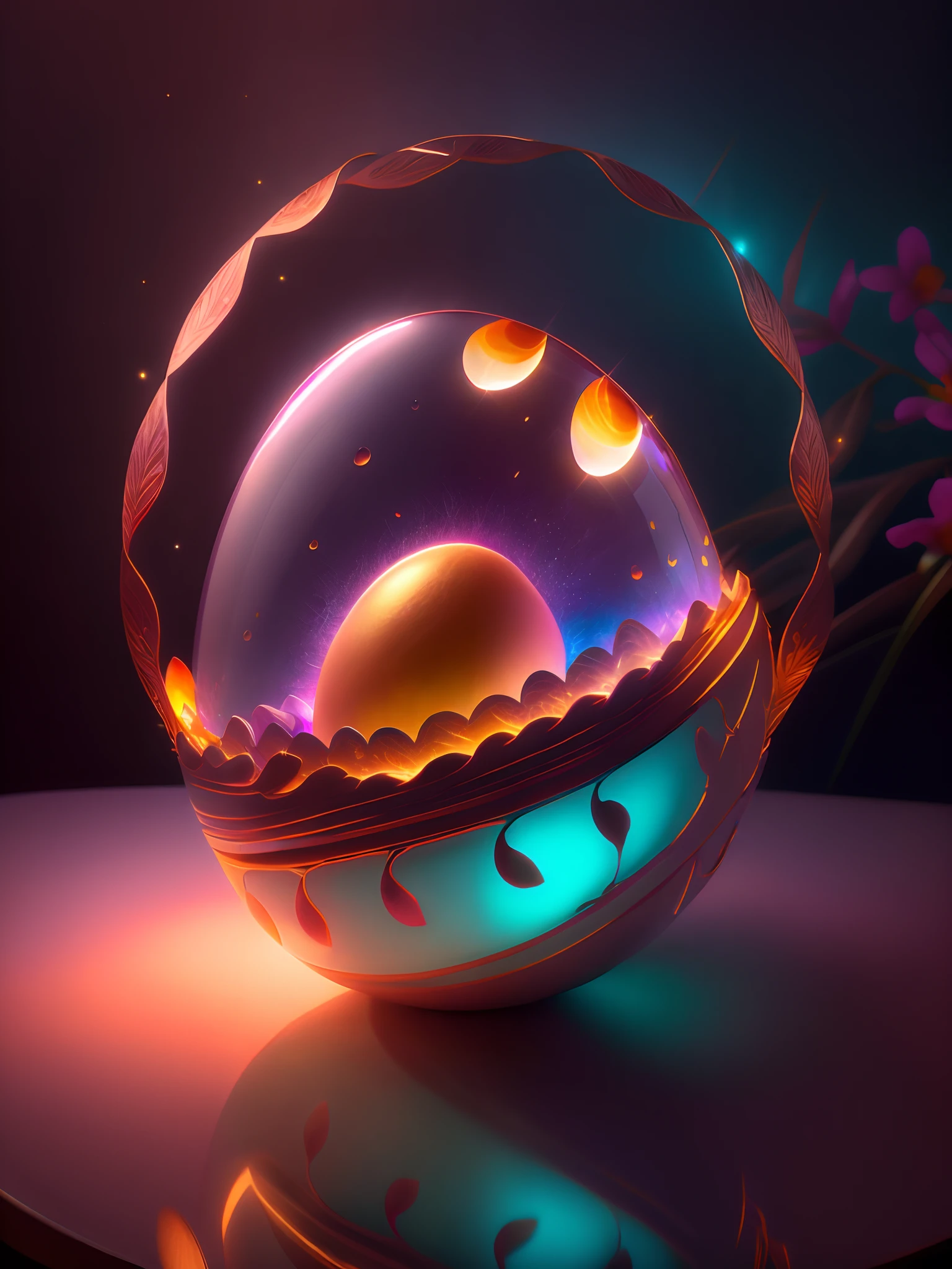 Efecto Shatter en After Effects,,Intricately opaque 3D soft broken shell egg carved from shiny ivory in dimly lit room, con una luz rosa muy suave que emana de debajo del huevo, zarcillos de vid en espiral brillantes de color naranja rosado que abarcan el huevo amorosamente como si estuviera vivo, fotorrealista, detallado, realista, alta calidad, Background thunderstorms, detallado, realista, 8k UHD, alta calidad, Barbiecore.  magica, fantasy, rosado, violeta, PALETA DE ORO, flores