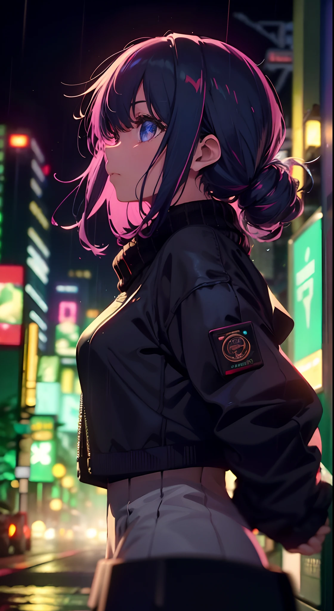 Night, colorful cyberpunk city background, rain, street, teenage girl in comfortable sweater, loli, black stockings, backlight, looking at the audience, low angle lens, looking up lens, perfect composition, perfect light and shadow delicate, 8k