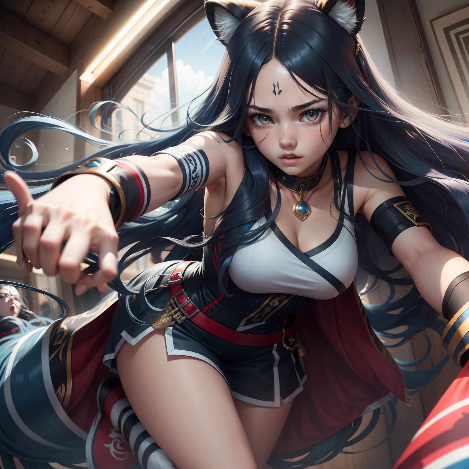 teens girl,Long blue wavy hair,red - eyed,White,Tiger Tooth