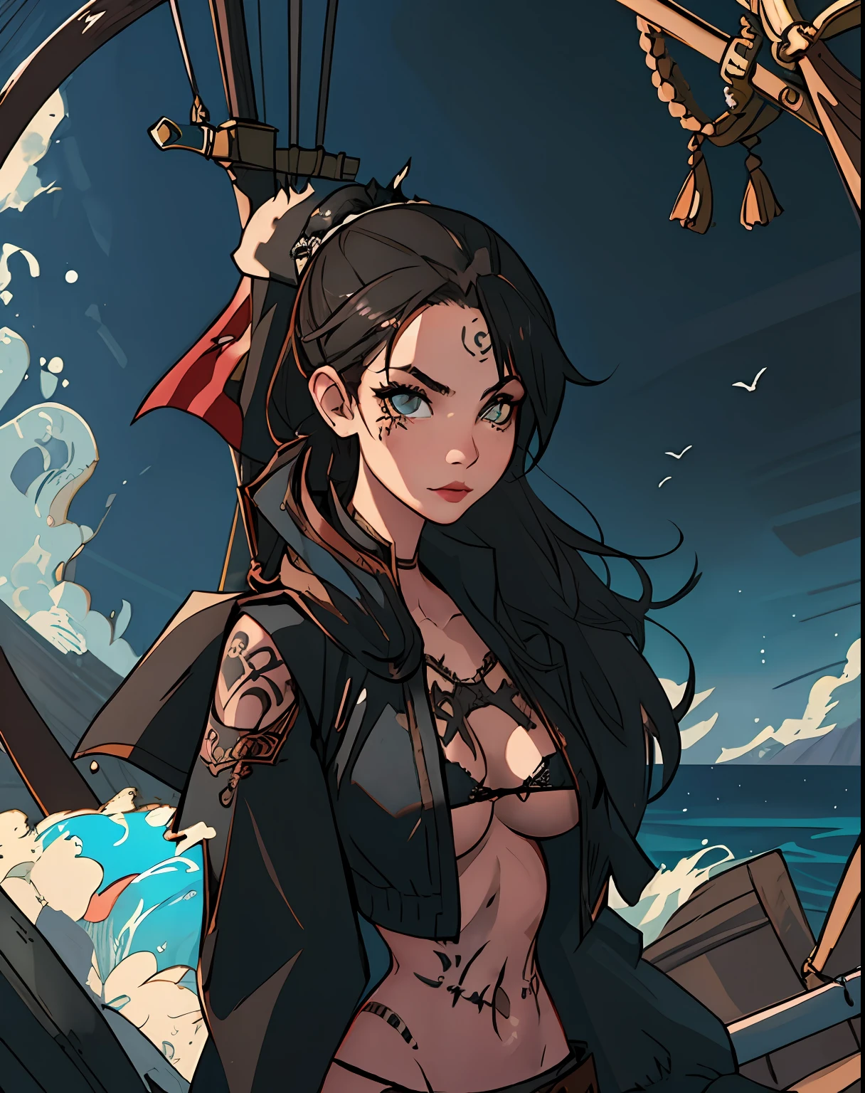 (masterpiece), victoria secret model,  highly detailed face, hires, pirate girl, Pirate eye patch, medieval sword, gun belt, cutlass, pirate ship, sailing vessel, sea, nsfw, perfect rounded boobs, perfect body shape, ((black tattoos over the entire body)), legendary outfit